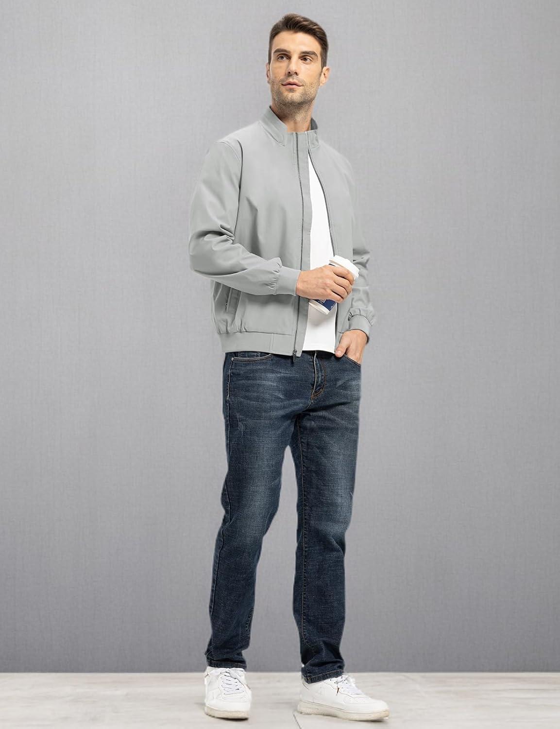 imageTBMPOY Mens Light Jackets Waterproof Bomber Work Jacket Causal Windbreaker Full Zip Golf Dress Outwear CoatsLight Grey02 Style