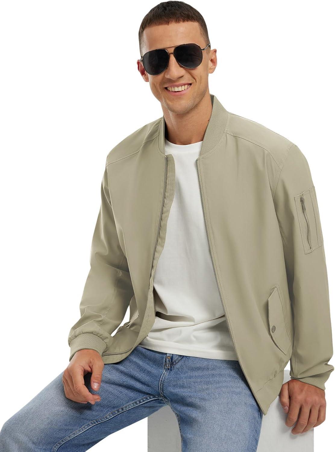 imageTBMPOY Mens Lightweight Bomber Jackets Light Track Jackets Casual Summer Windbreaker Outdoor Golf Fashion Coat for MenA2khaki