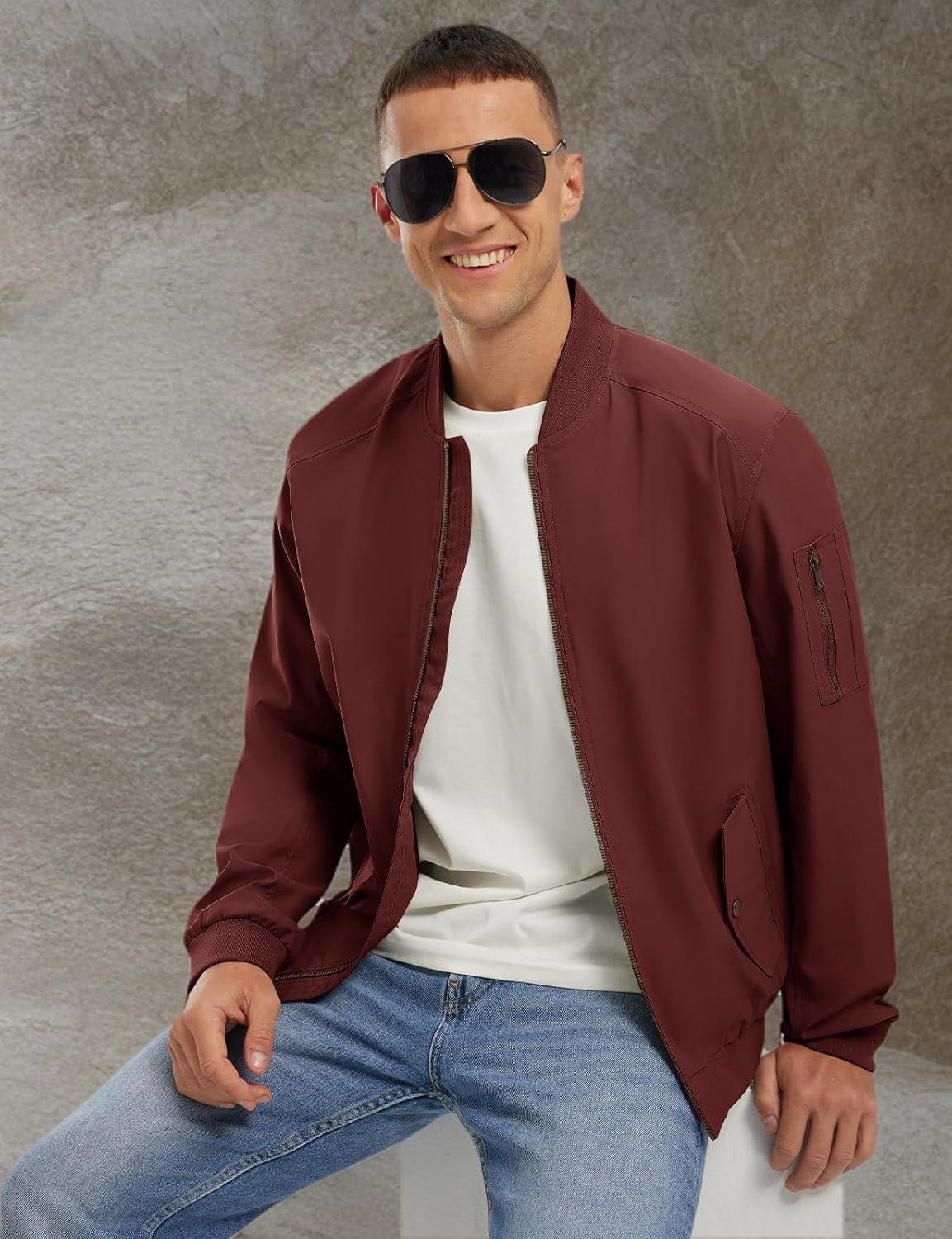 imageTBMPOY Mens Lightweight Bomber Jackets Light Track Jackets Casual Summer Windbreaker Outdoor Golf Fashion Coat for MenA2wine Red