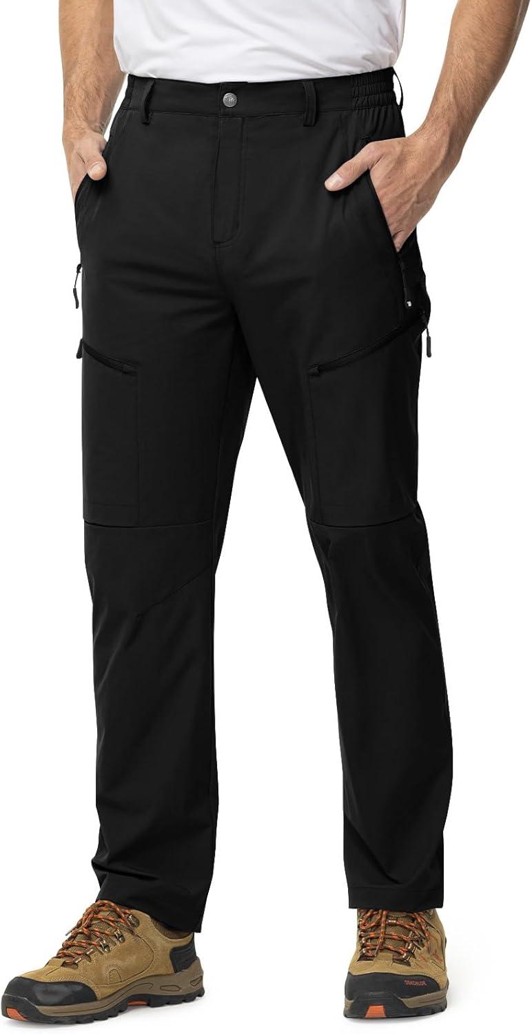 imageTBMPOY Mens Lightweight Hiking Travel Pants 5 Zip Pockets Stretch Quick Dry Work Pant Cargo Outdoor Camping FishingBlack