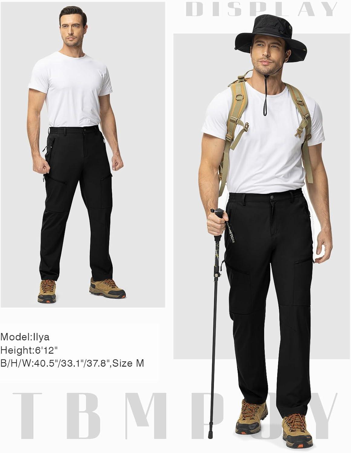 imageTBMPOY Mens Lightweight Hiking Travel Pants 5 Zip Pockets Stretch Quick Dry Work Pant Cargo Outdoor Camping FishingBlack