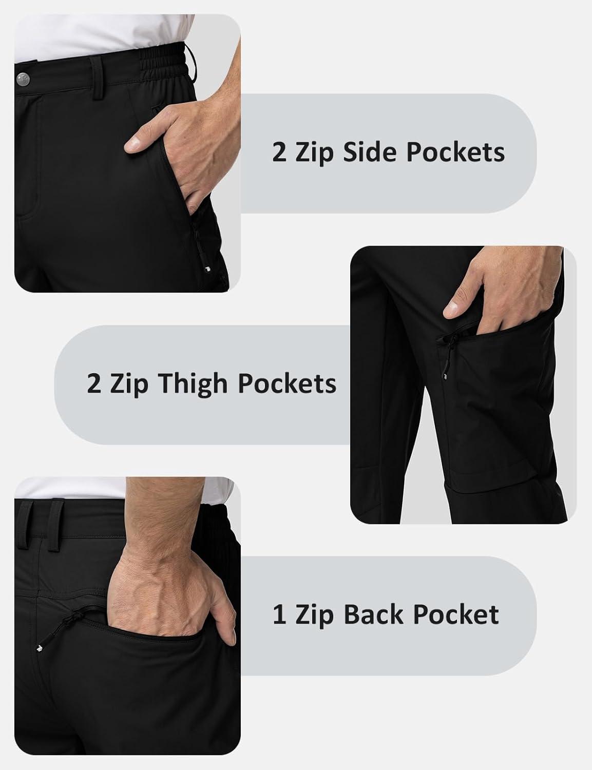 imageTBMPOY Mens Lightweight Hiking Travel Pants 5 Zip Pockets Stretch Quick Dry Work Pant Cargo Outdoor Camping FishingBlack