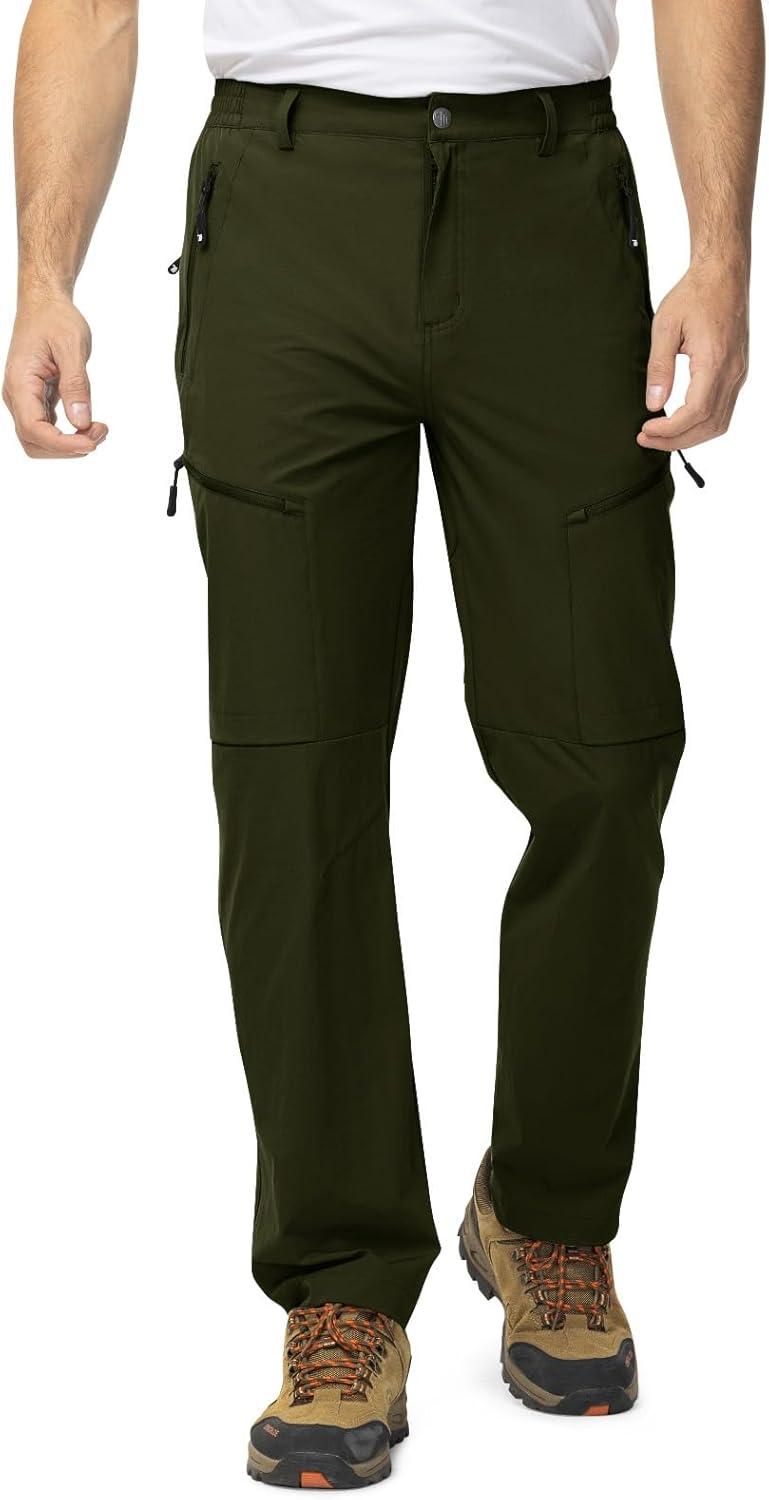 imageTBMPOY Mens Lightweight Hiking Travel Pants 5 Zip Pockets Stretch Quick Dry Work Pant Cargo Outdoor Camping FishingGreen
