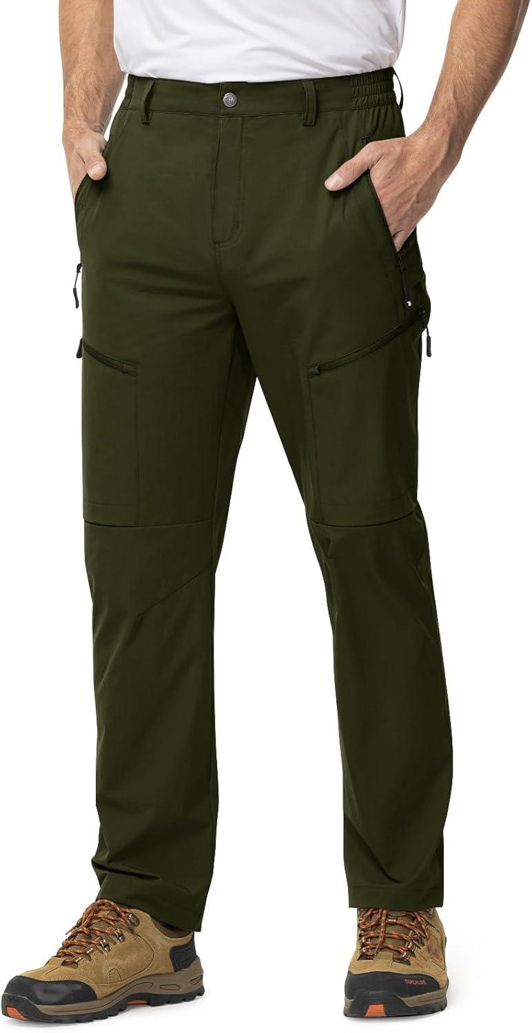 imageTBMPOY Mens Lightweight Hiking Travel Pants 5 Zip Pockets Stretch Quick Dry Work Pant Cargo Outdoor Camping FishingGreen