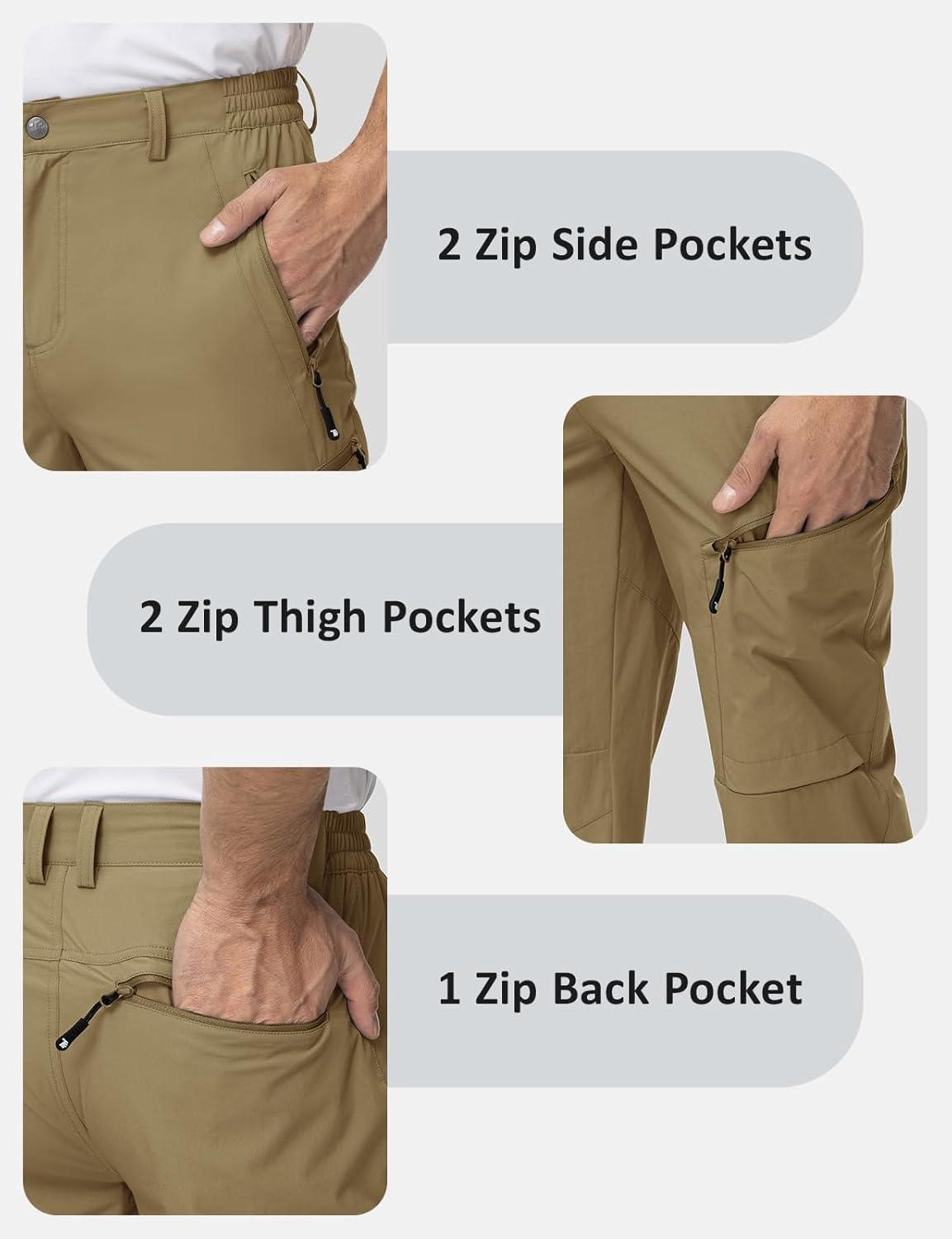 imageTBMPOY Mens Lightweight Hiking Travel Pants 5 Zip Pockets Stretch Quick Dry Work Pant Cargo Outdoor Camping FishingKhaki