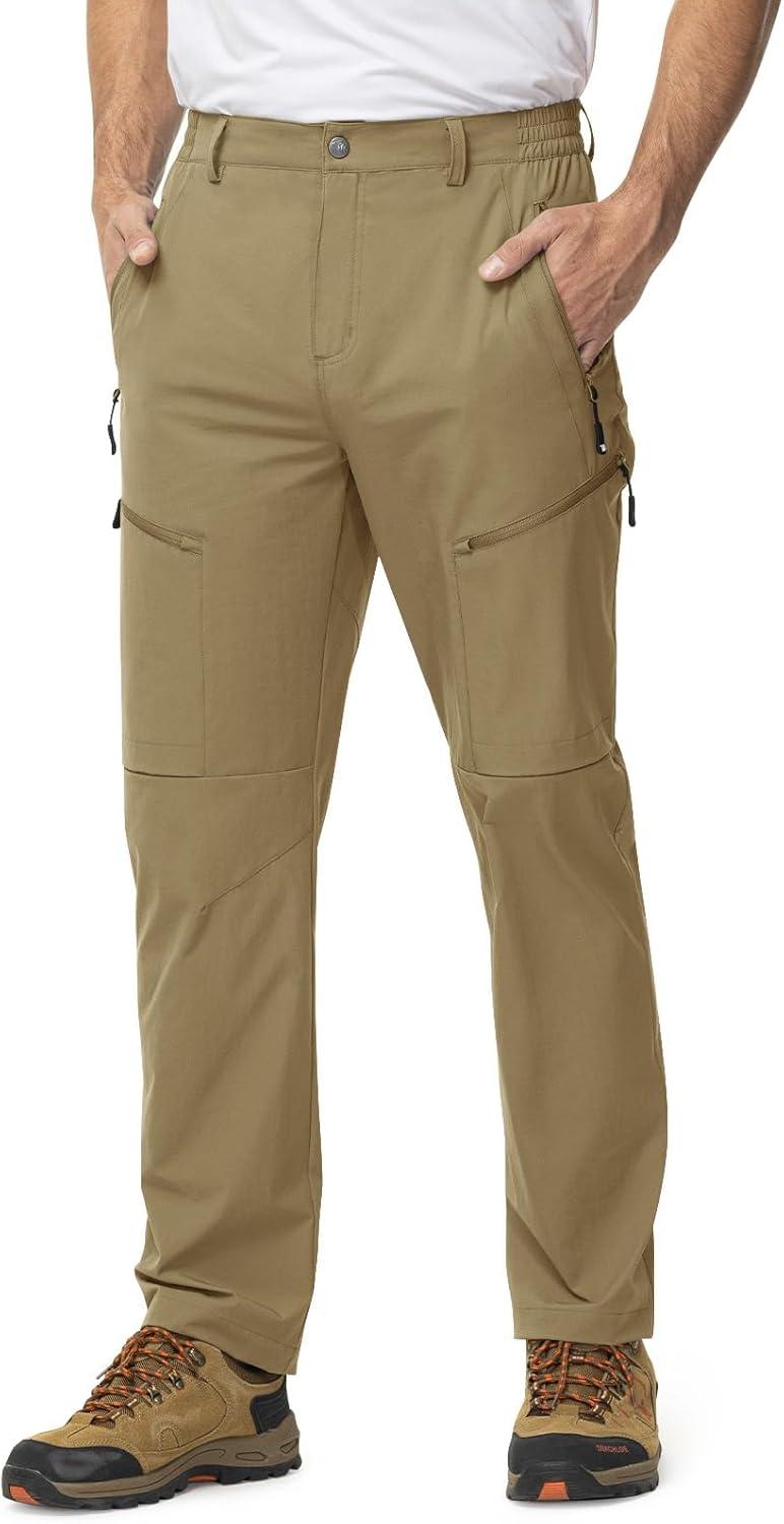 imageTBMPOY Mens Lightweight Hiking Travel Pants 5 Zip Pockets Stretch Quick Dry Work Pant Cargo Outdoor Camping FishingKhaki