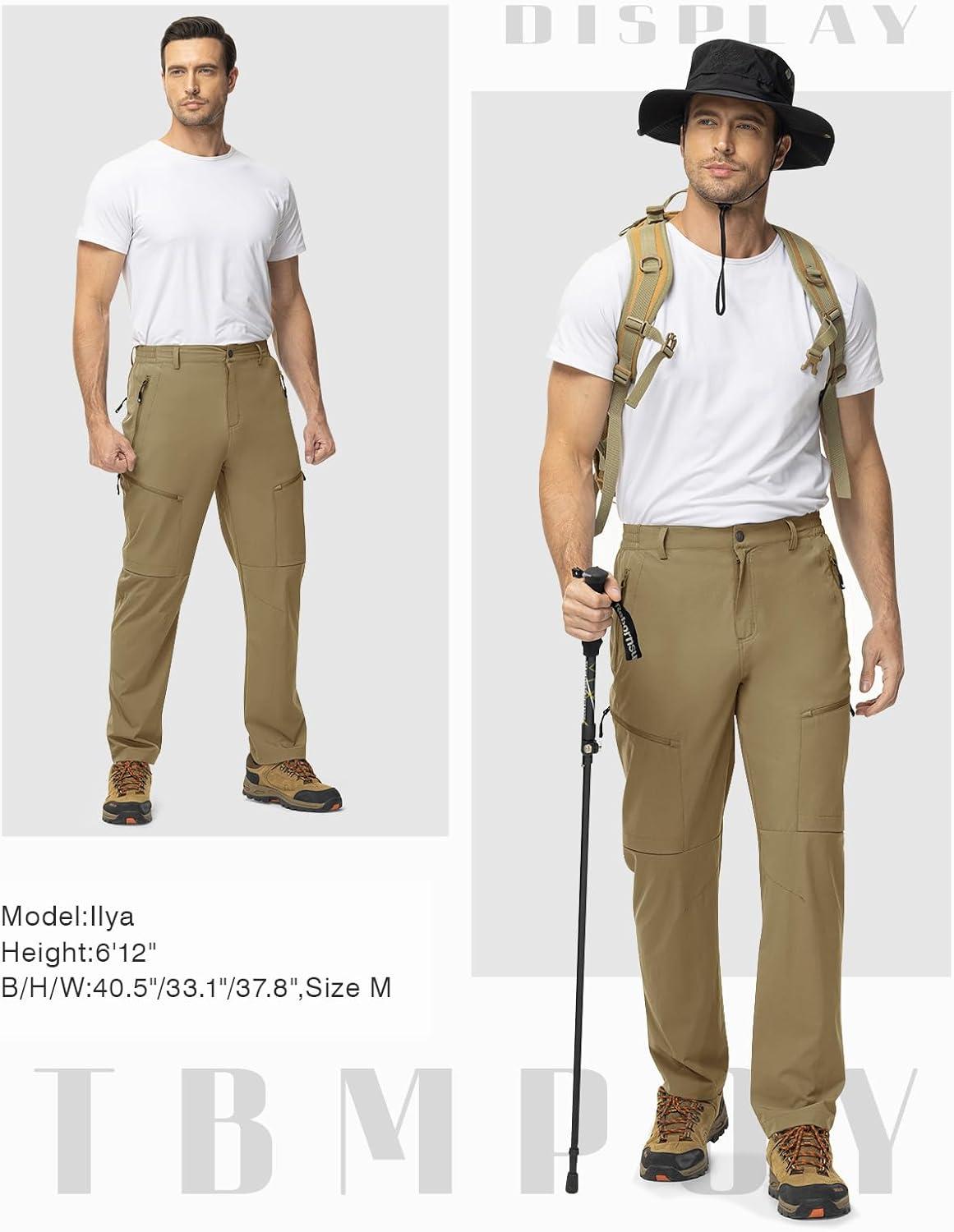 imageTBMPOY Mens Lightweight Hiking Travel Pants 5 Zip Pockets Stretch Quick Dry Work Pant Cargo Outdoor Camping FishingKhaki