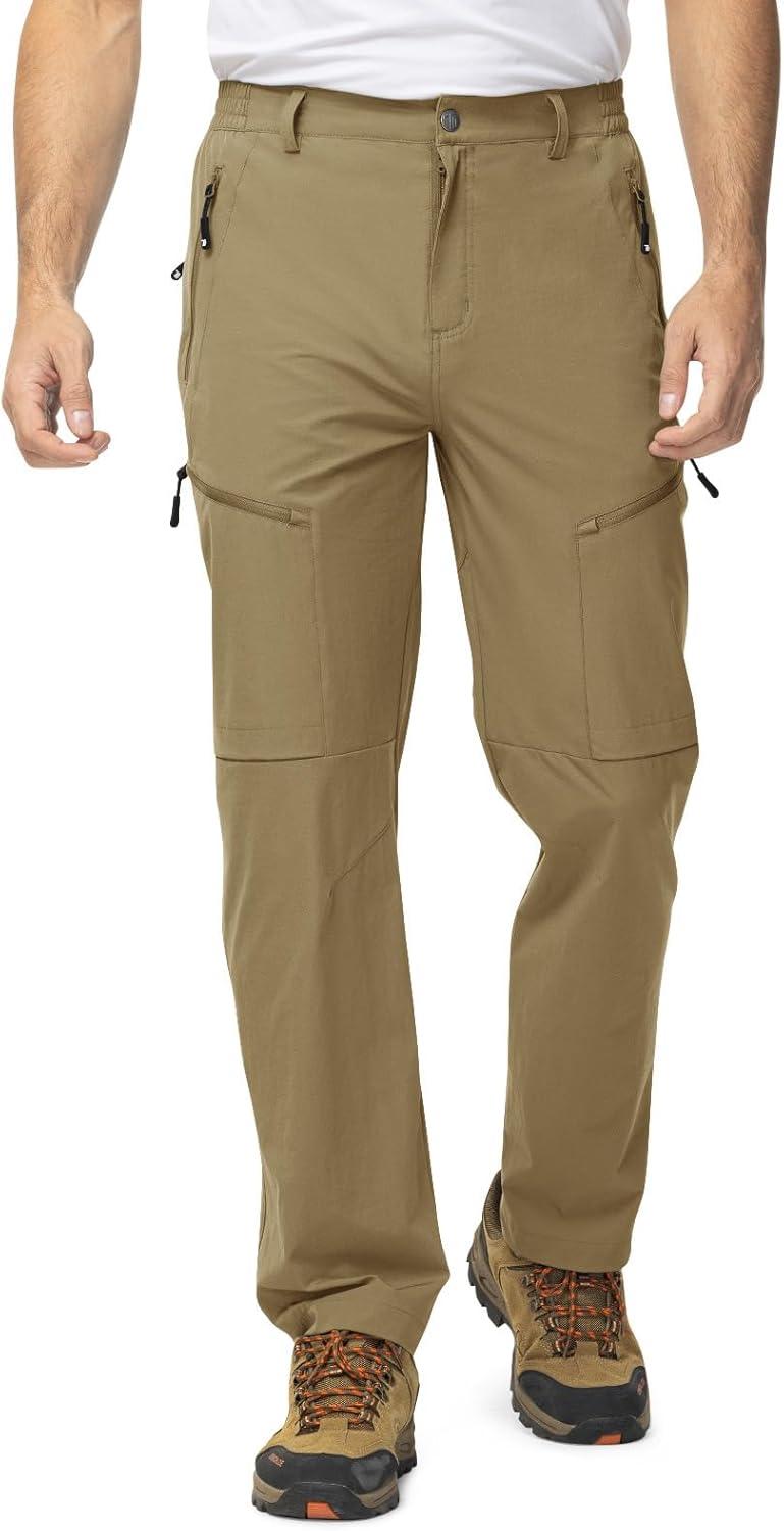 imageTBMPOY Mens Lightweight Hiking Travel Pants 5 Zip Pockets Stretch Quick Dry Work Pant Cargo Outdoor Camping FishingKhaki