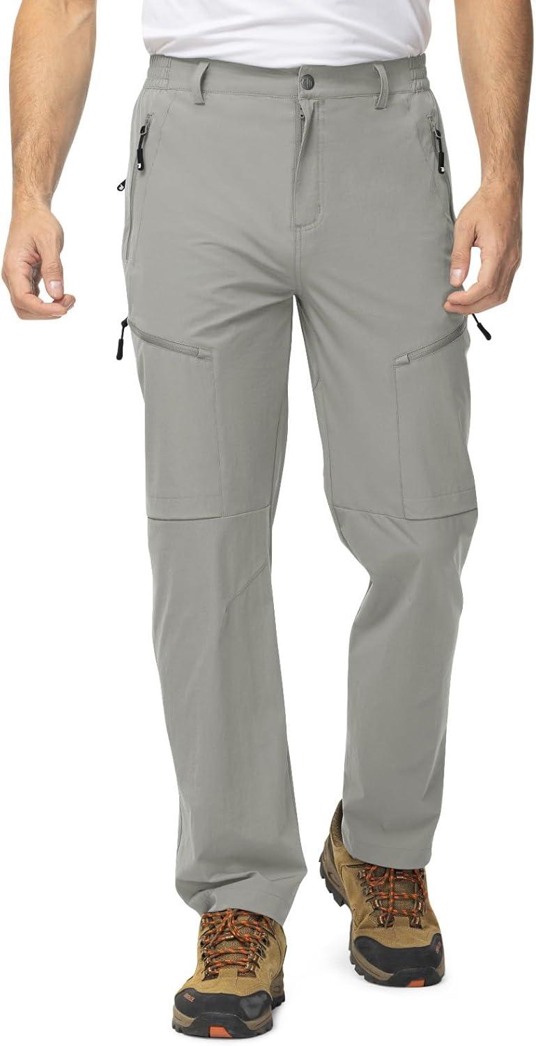 imageTBMPOY Mens Lightweight Hiking Travel Pants 5 Zip Pockets Stretch Quick Dry Work Pant Cargo Outdoor Camping FishingLight Grey
