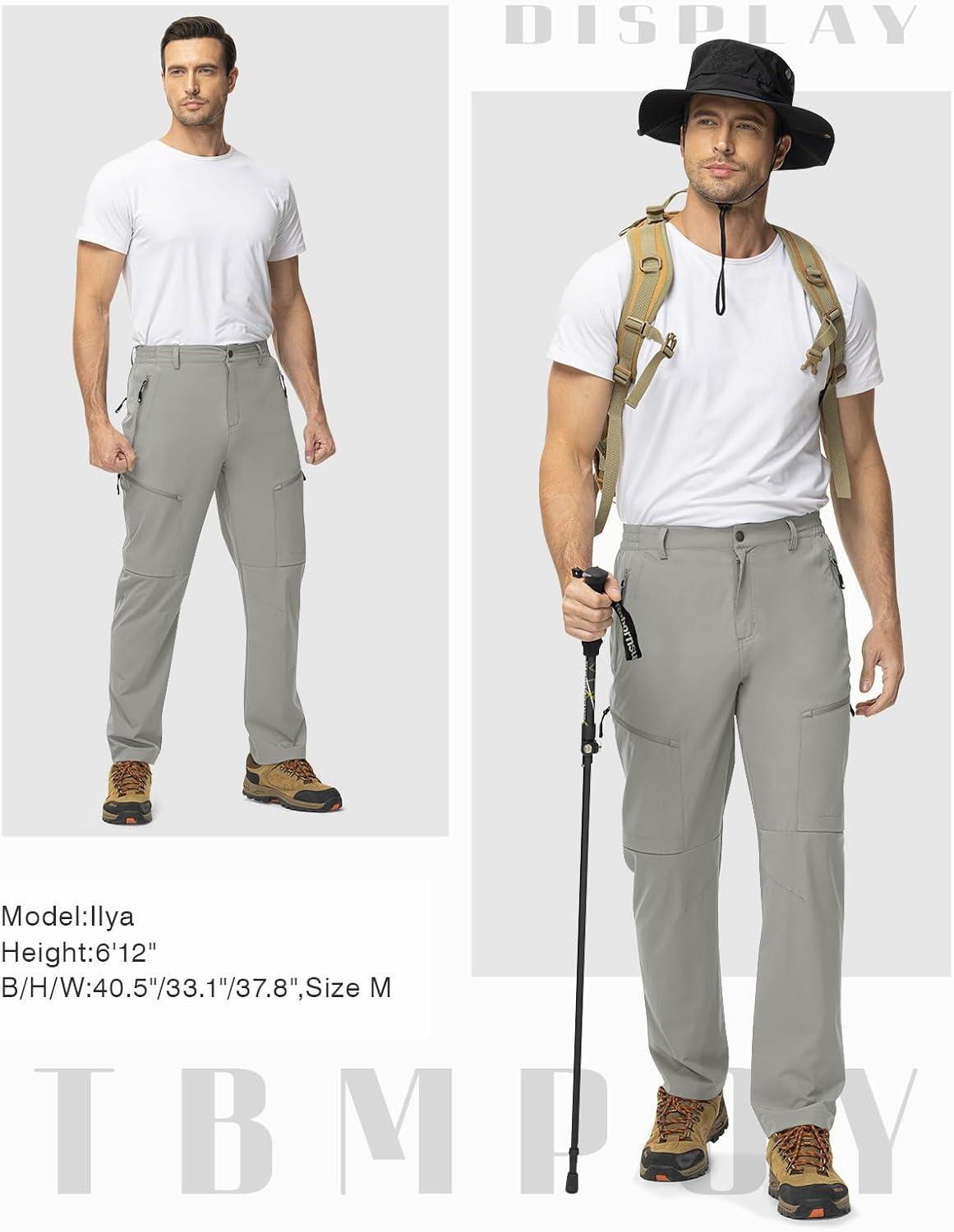 imageTBMPOY Mens Lightweight Hiking Travel Pants 5 Zip Pockets Stretch Quick Dry Work Pant Cargo Outdoor Camping FishingLight Grey