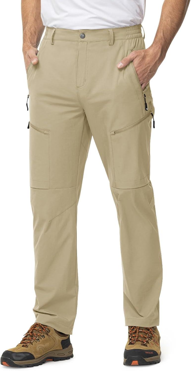 imageTBMPOY Mens Lightweight Hiking Travel Pants 5 Zip Pockets Stretch Quick Dry Work Pant Cargo Outdoor Camping FishingLight Khaki