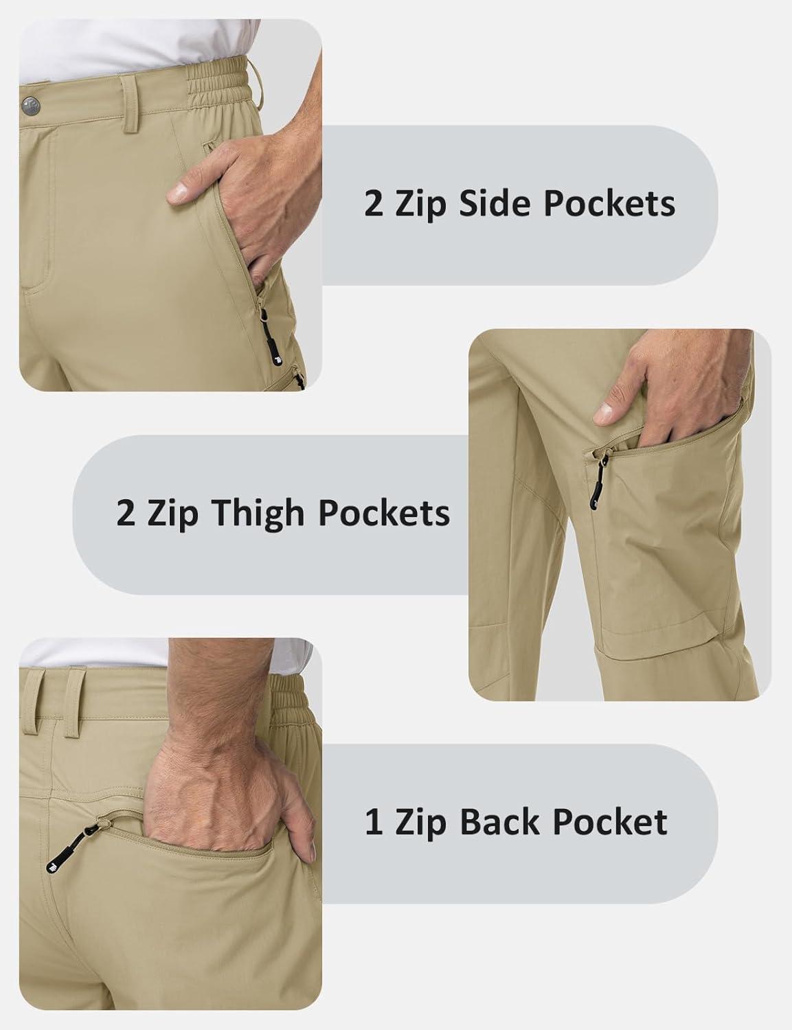imageTBMPOY Mens Lightweight Hiking Travel Pants 5 Zip Pockets Stretch Quick Dry Work Pant Cargo Outdoor Camping FishingLight Khaki