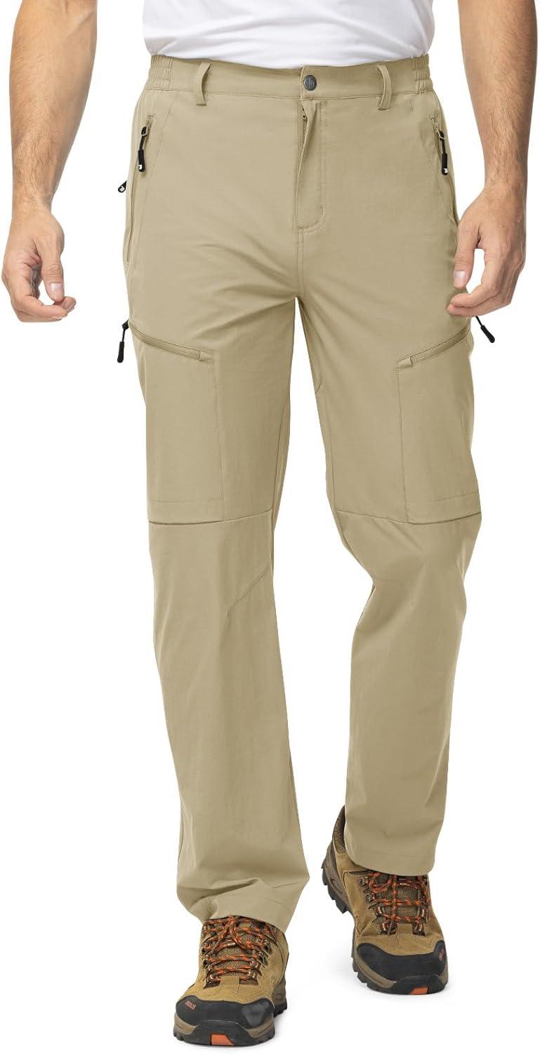 imageTBMPOY Mens Lightweight Hiking Travel Pants 5 Zip Pockets Stretch Quick Dry Work Pant Cargo Outdoor Camping FishingLight Khaki