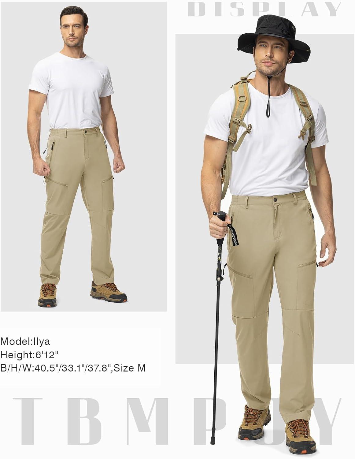 imageTBMPOY Mens Lightweight Hiking Travel Pants 5 Zip Pockets Stretch Quick Dry Work Pant Cargo Outdoor Camping FishingLight Khaki
