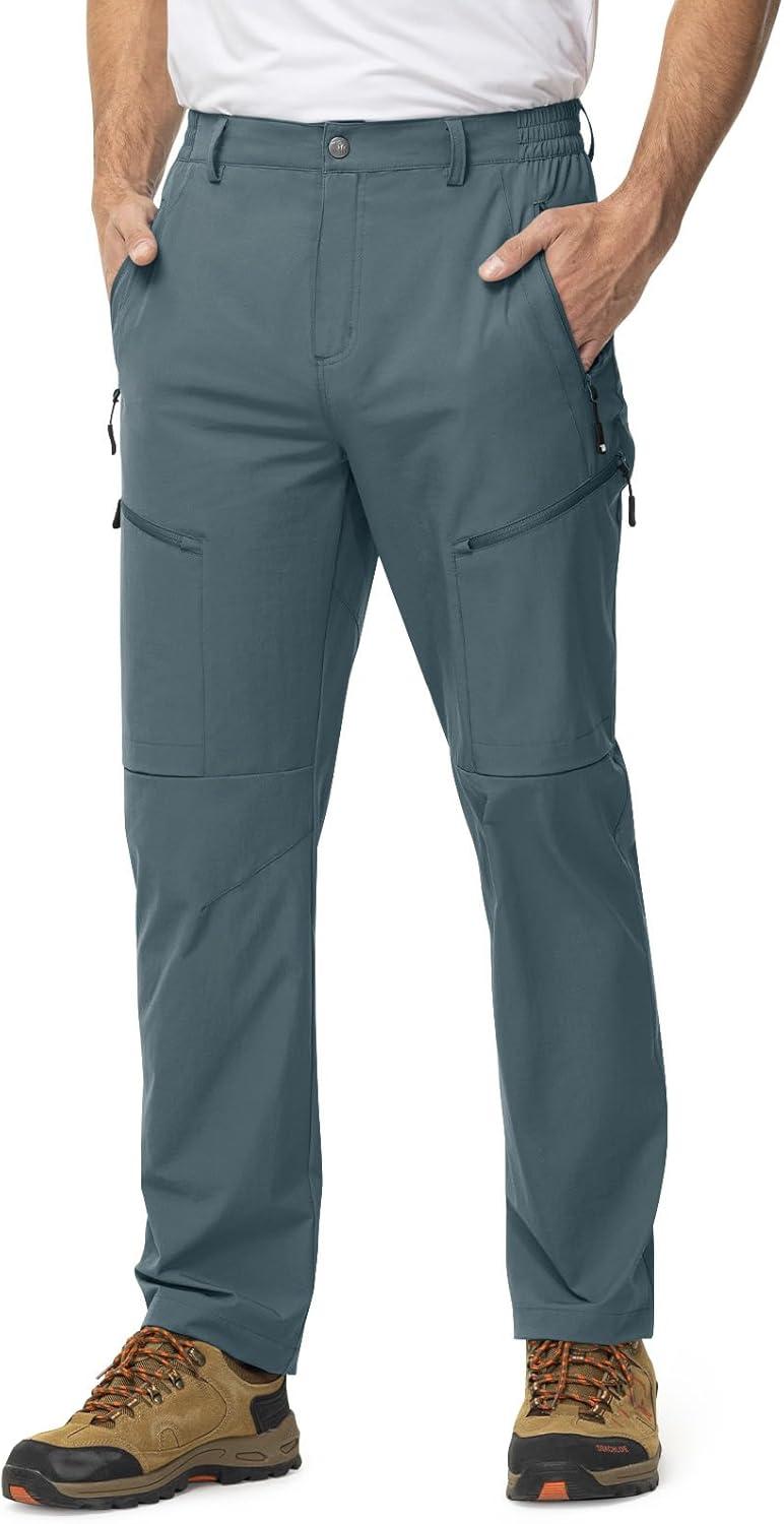 imageTBMPOY Mens Lightweight Hiking Travel Pants 5 Zip Pockets Stretch Quick Dry Work Pant Cargo Outdoor Camping FishingStone Blue