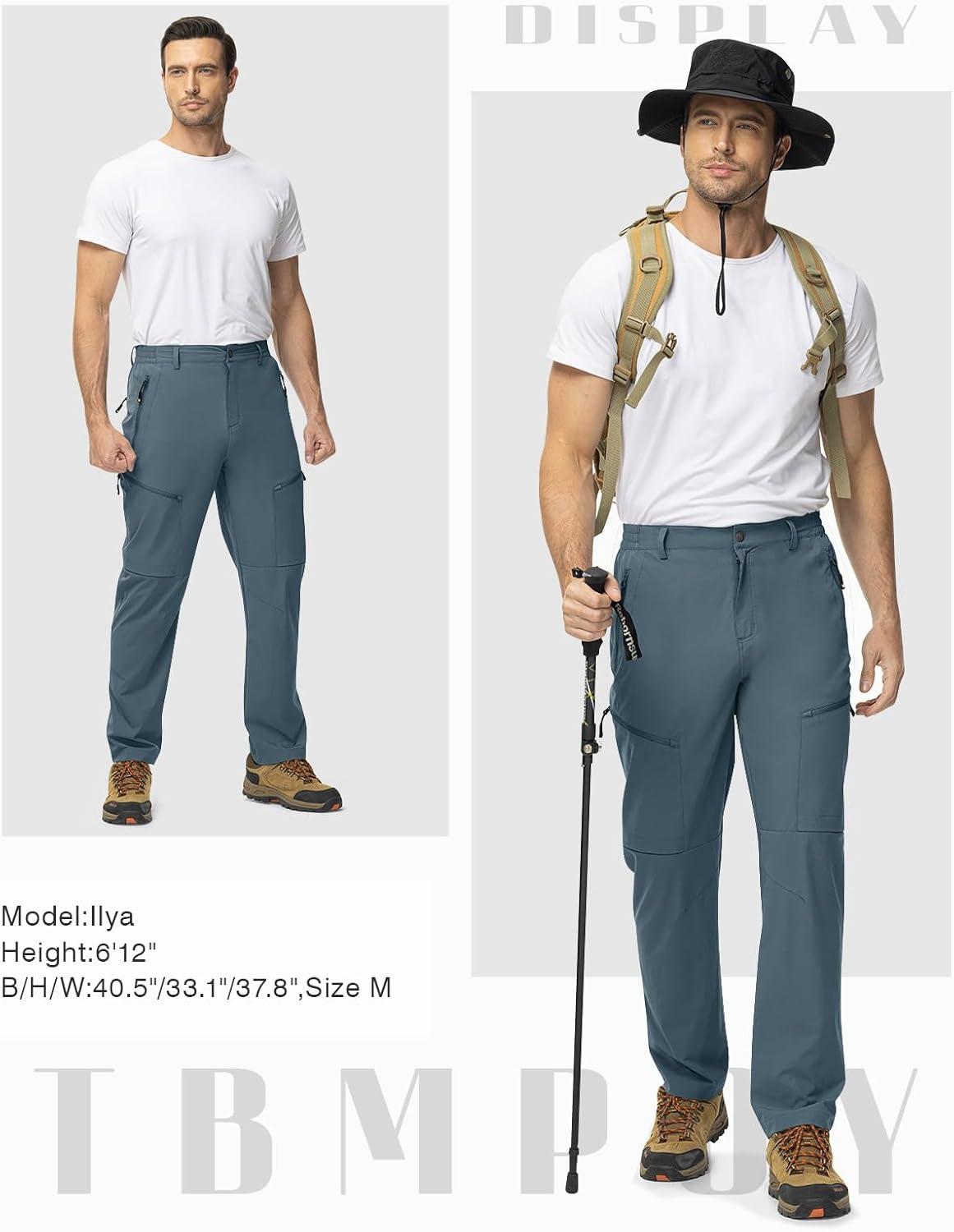 imageTBMPOY Mens Lightweight Hiking Travel Pants 5 Zip Pockets Stretch Quick Dry Work Pant Cargo Outdoor Camping FishingStone Blue
