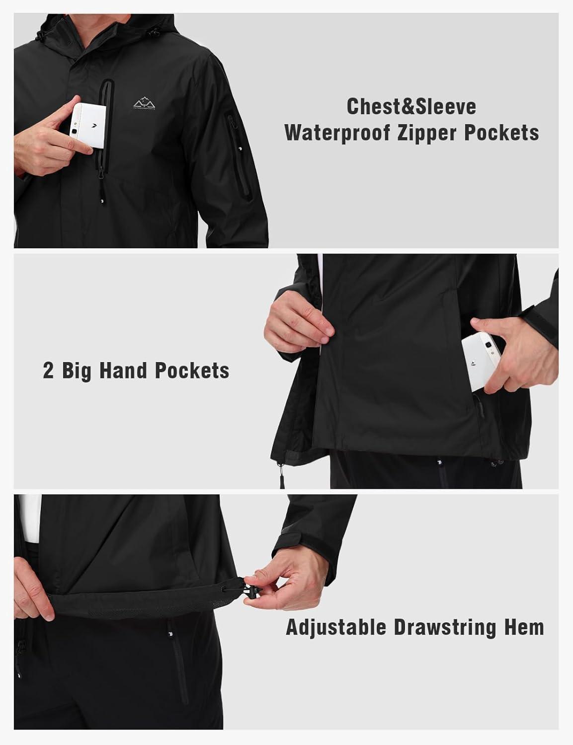 imageTBMPOY Mens Lightweight Rain Jackets Waterproof Raincoat with Hood Running Cycling Hiking Outdoor Windbreaker1black