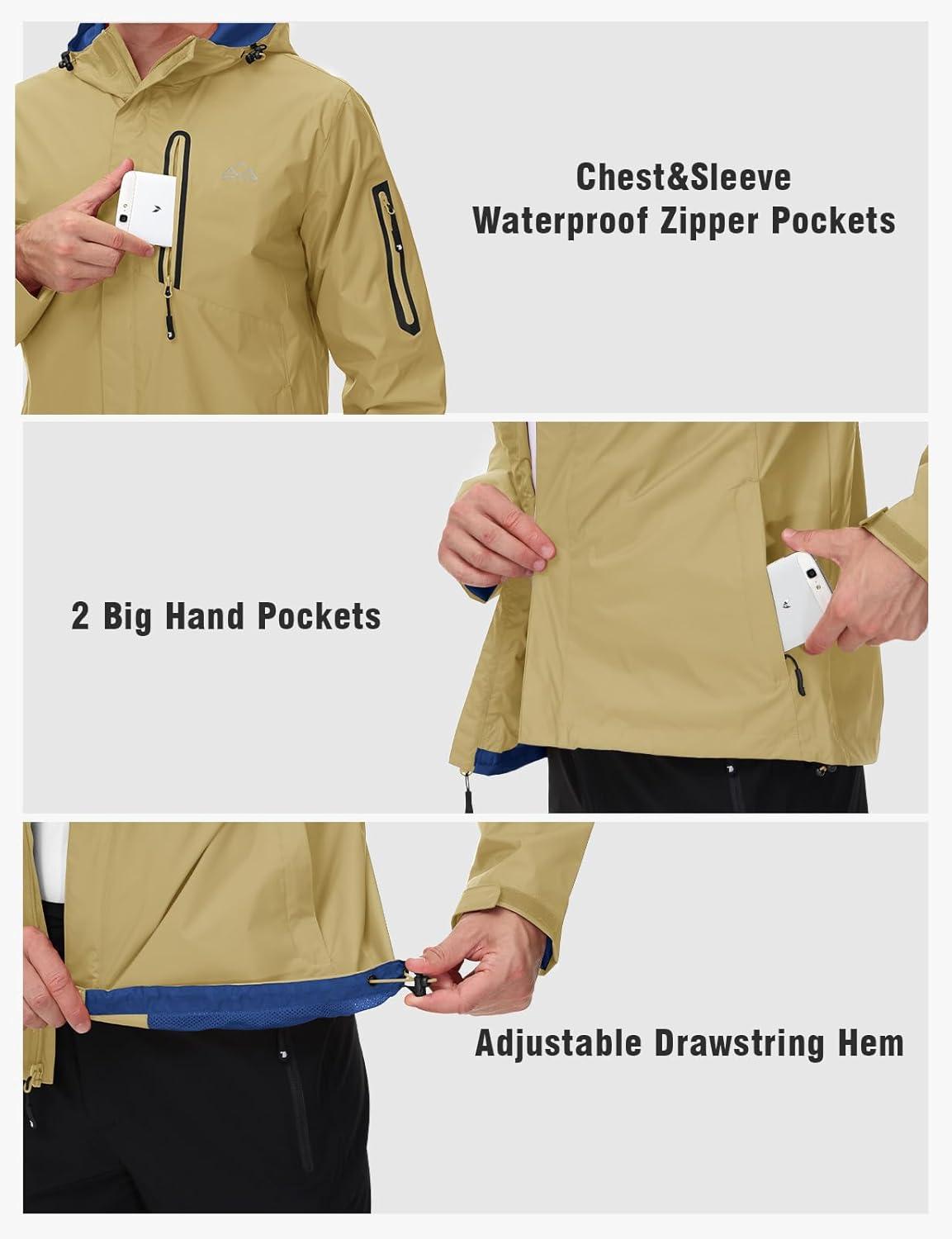 imageTBMPOY Mens Lightweight Rain Jackets Waterproof Raincoat with Hood Running Cycling Hiking Outdoor Windbreaker6khaki