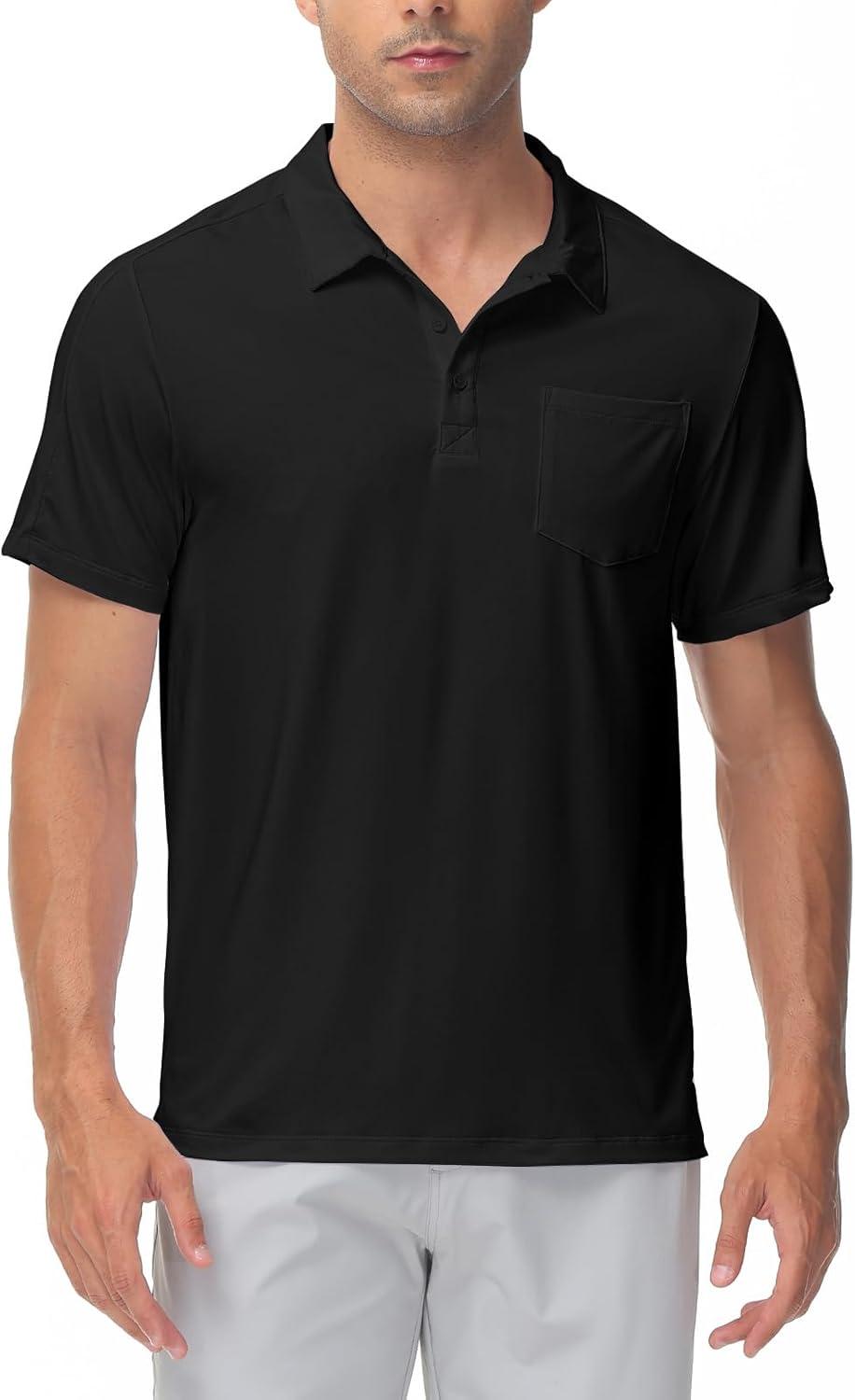 imageTBMPOY Mens Polo Shirts Short Sleeves with Pocket Lightweight Quick Dry Outdoor Casual Work Golf Sports ShirtBlack