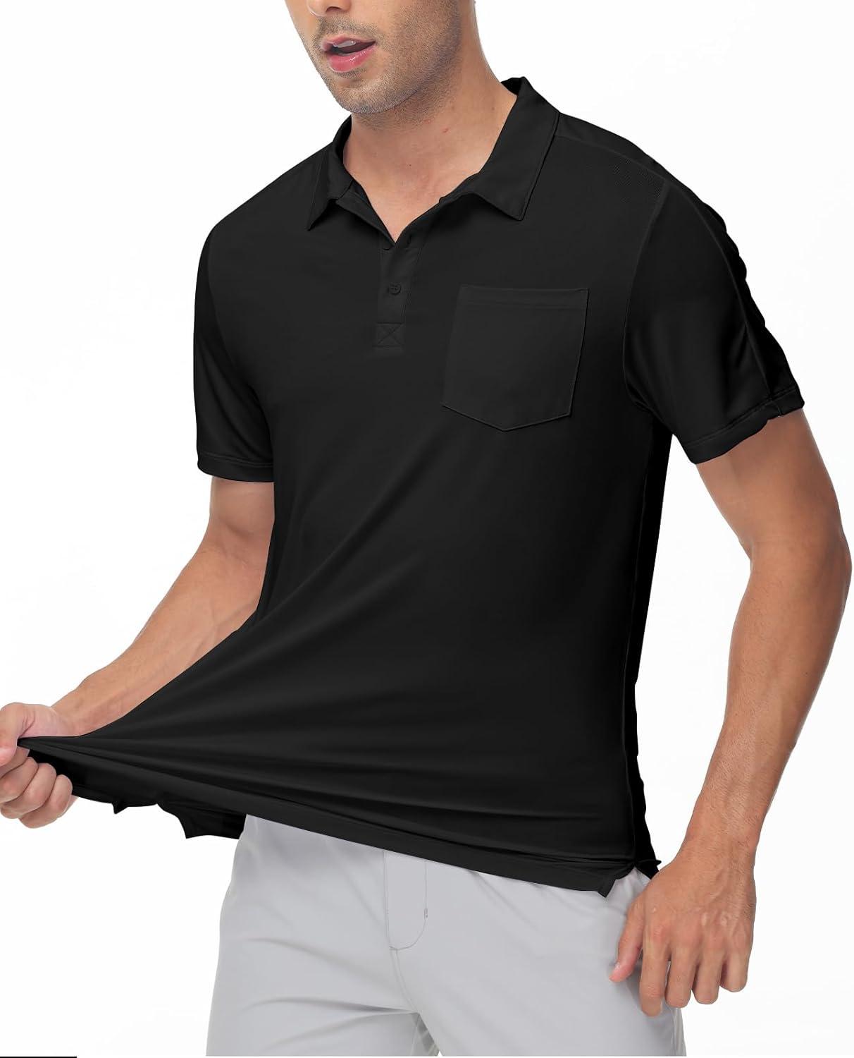 imageTBMPOY Mens Polo Shirts Short Sleeves with Pocket Lightweight Quick Dry Outdoor Casual Work Golf Sports ShirtBlack