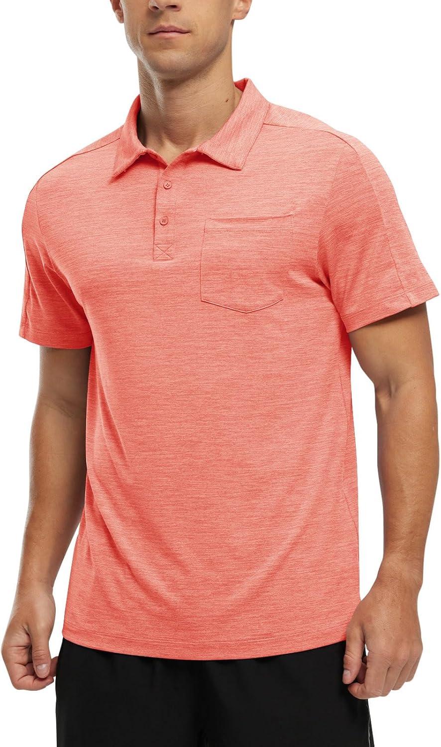 imageTBMPOY Mens Polo Shirts Short Sleeves with Pocket Lightweight Quick Dry Outdoor Casual Work Golf Sports ShirtOrange Pink
