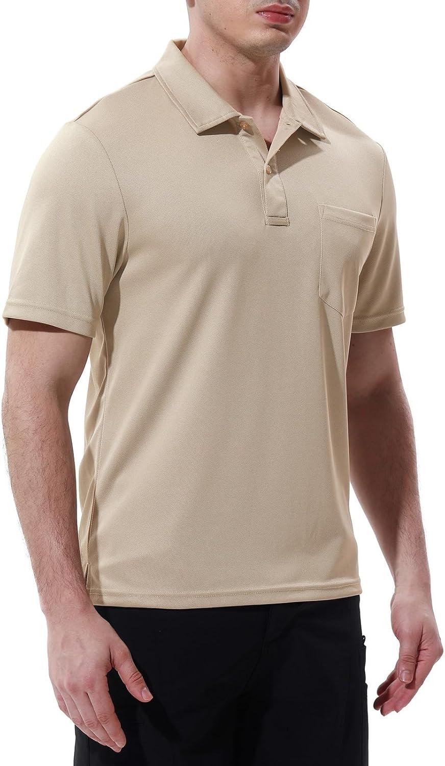 imageTBMPOY Mens Polo Shirts with Pocket Short Sleeve Quick Dry Casual Sports Outdoor Golf ShirtKhaki