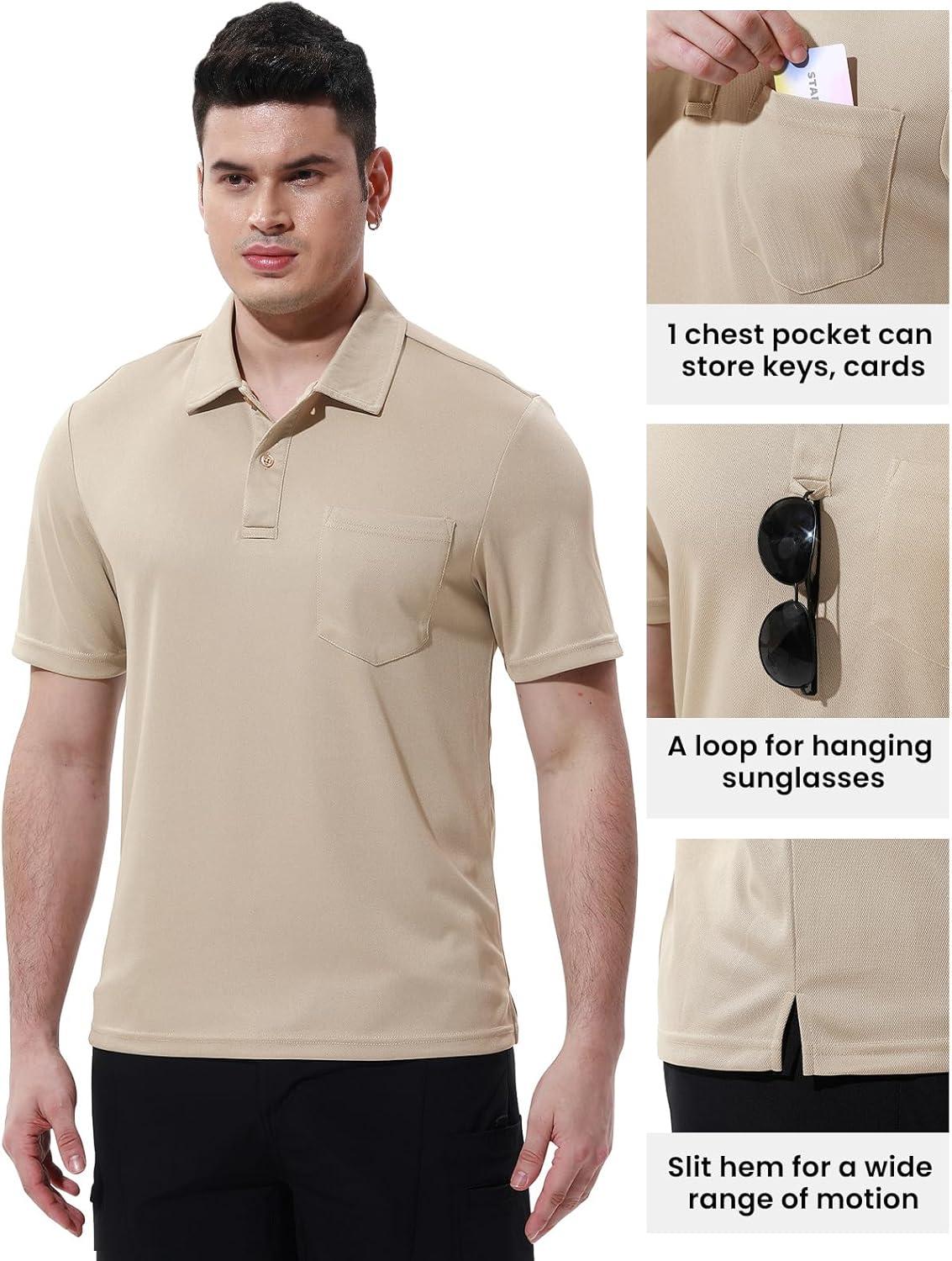imageTBMPOY Mens Polo Shirts with Pocket Short Sleeve Quick Dry Casual Sports Outdoor Golf ShirtKhaki