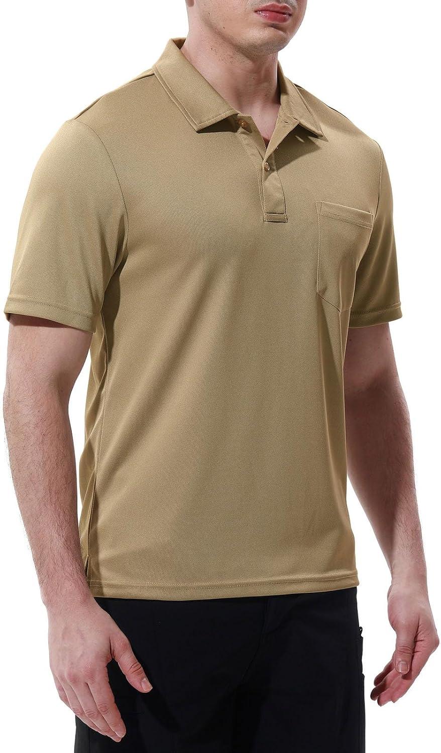 imageTBMPOY Mens Polo Shirts with Pocket Short Sleeve Quick Dry Casual Sports Outdoor Golf ShirtLight Tan