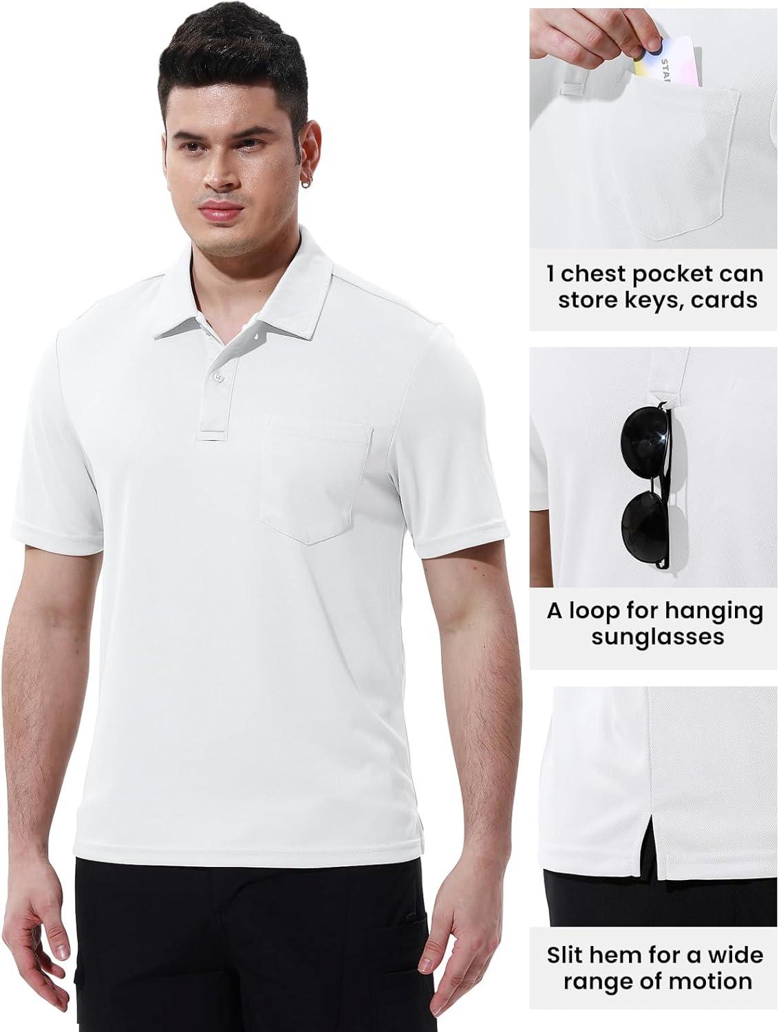 imageTBMPOY Mens Polo Shirts with Pocket Short Sleeve Quick Dry Casual Sports Outdoor Golf ShirtWhite
