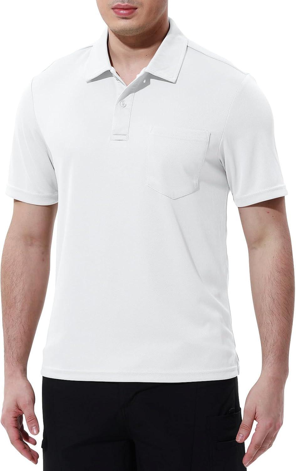 imageTBMPOY Mens Polo Shirts with Pocket Short Sleeve Quick Dry Casual Sports Outdoor Golf ShirtWhite