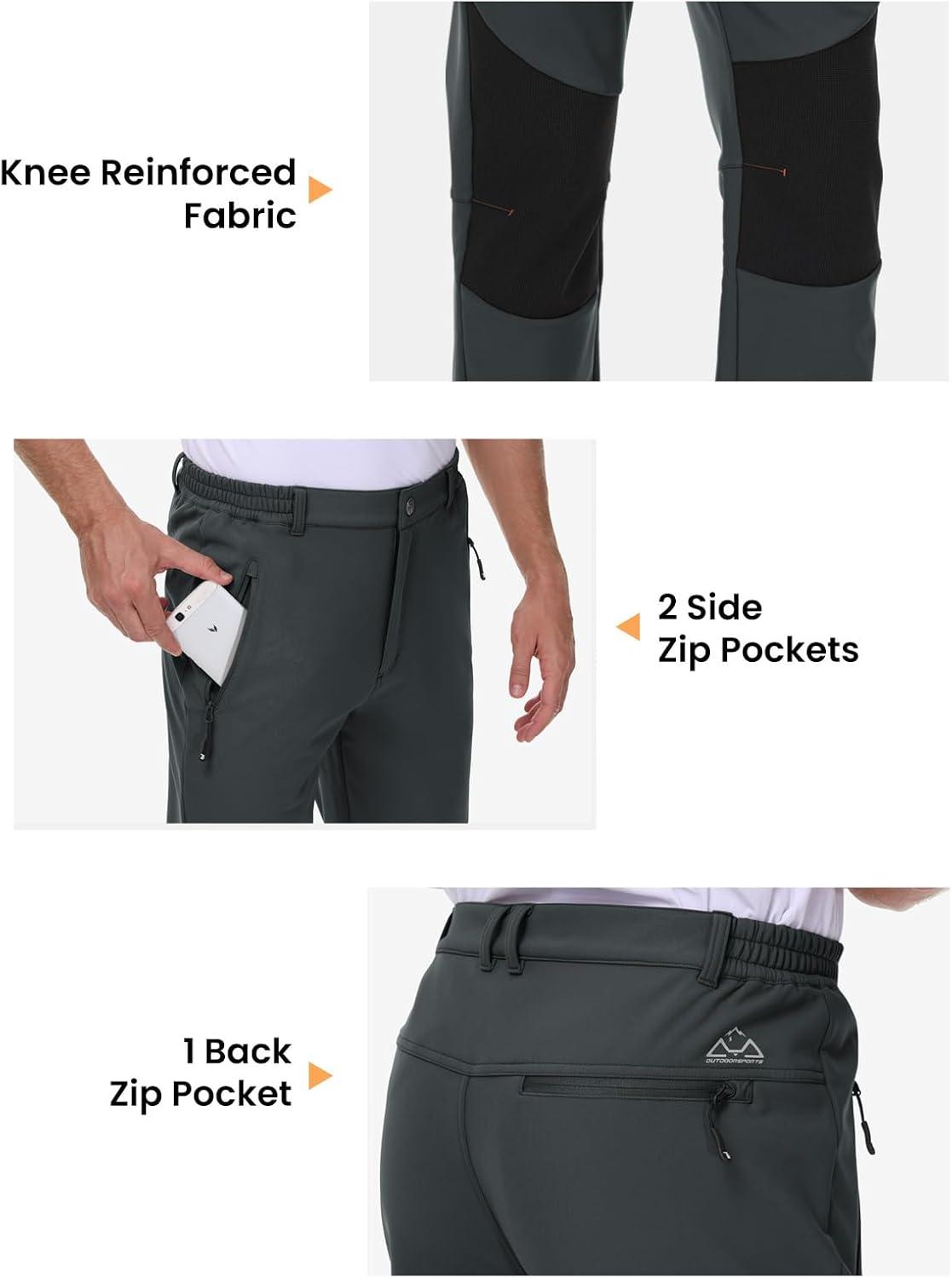 imageTBMPOY Mens Ski Snow Pants Waterproof Fleece Lined Insulated Softshell Snowboard Hiking Outdoor Zippers Bottom Leg2grey