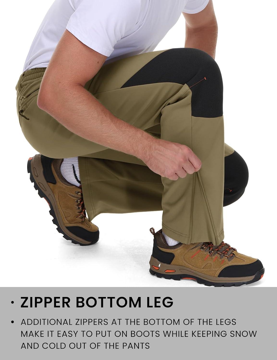 imageTBMPOY Mens Ski Snow Pants Waterproof Fleece Lined Insulated Softshell Snowboard Hiking Outdoor Zippers Bottom Leg3khaki