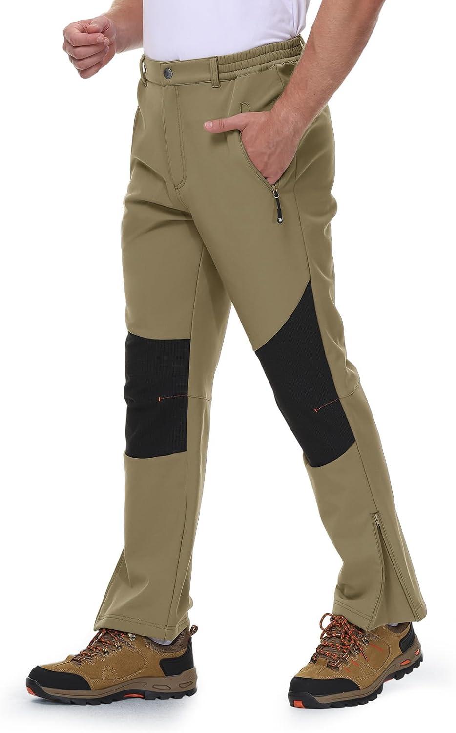 imageTBMPOY Mens Ski Snow Pants Waterproof Fleece Lined Insulated Softshell Snowboard Hiking Outdoor Zippers Bottom Leg3khaki