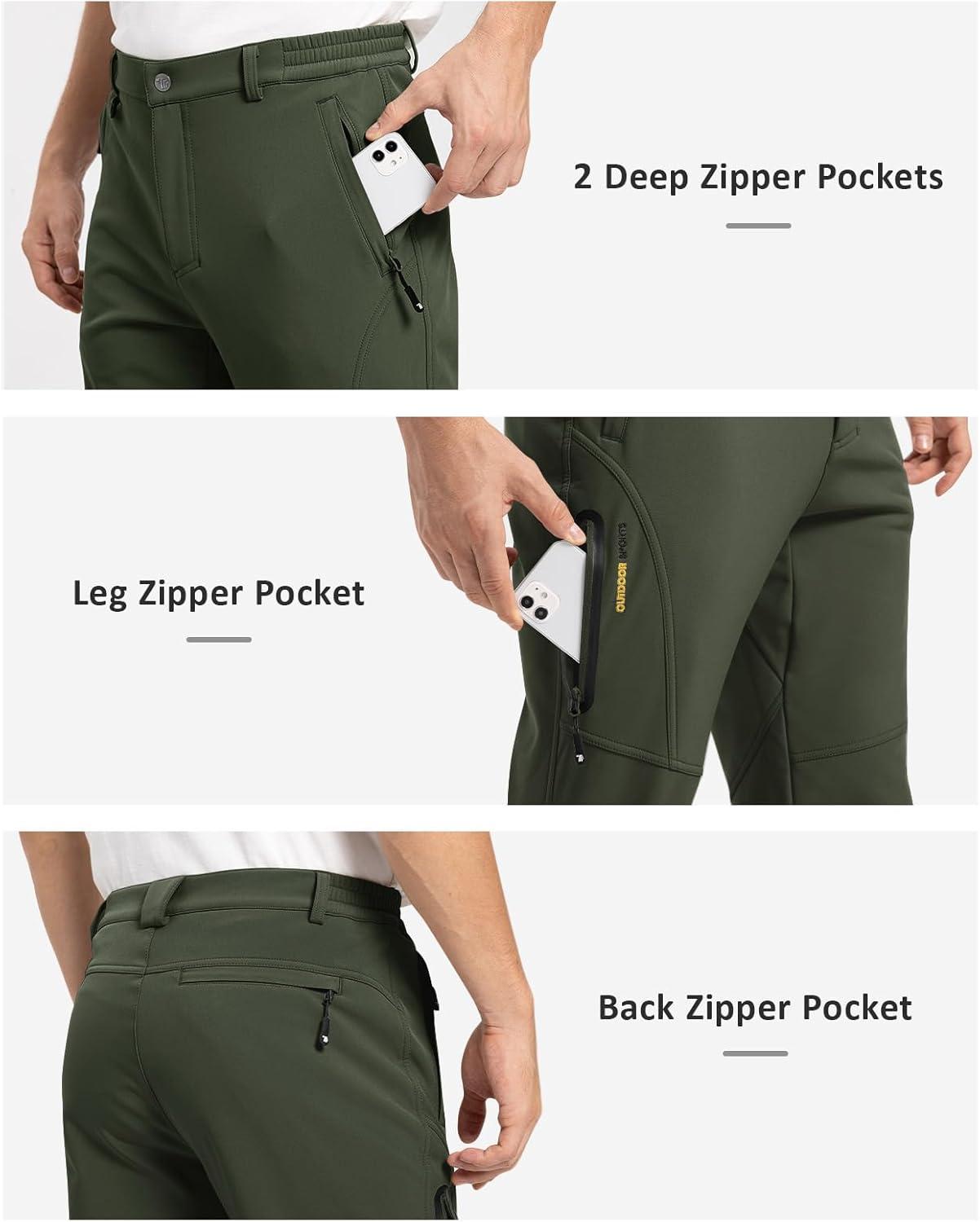 imageTBMPOY Mens Snow Pants Fleece Lined Hiking Winter Waterproof Softshell Ski Outdoor Insulated Climbing Pants Zipper PocketsArmy Green