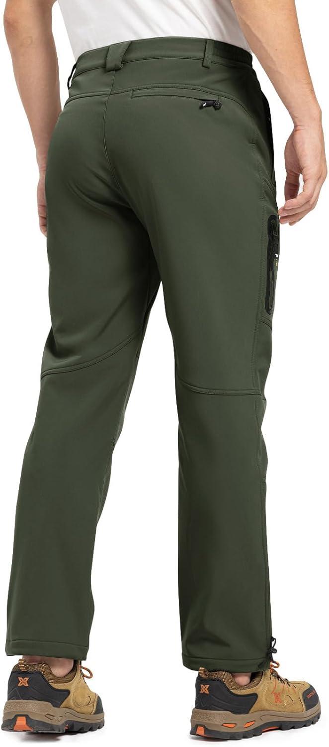 imageTBMPOY Mens Snow Pants Fleece Lined Hiking Winter Waterproof Softshell Ski Outdoor Insulated Climbing Pants Zipper PocketsArmy Green