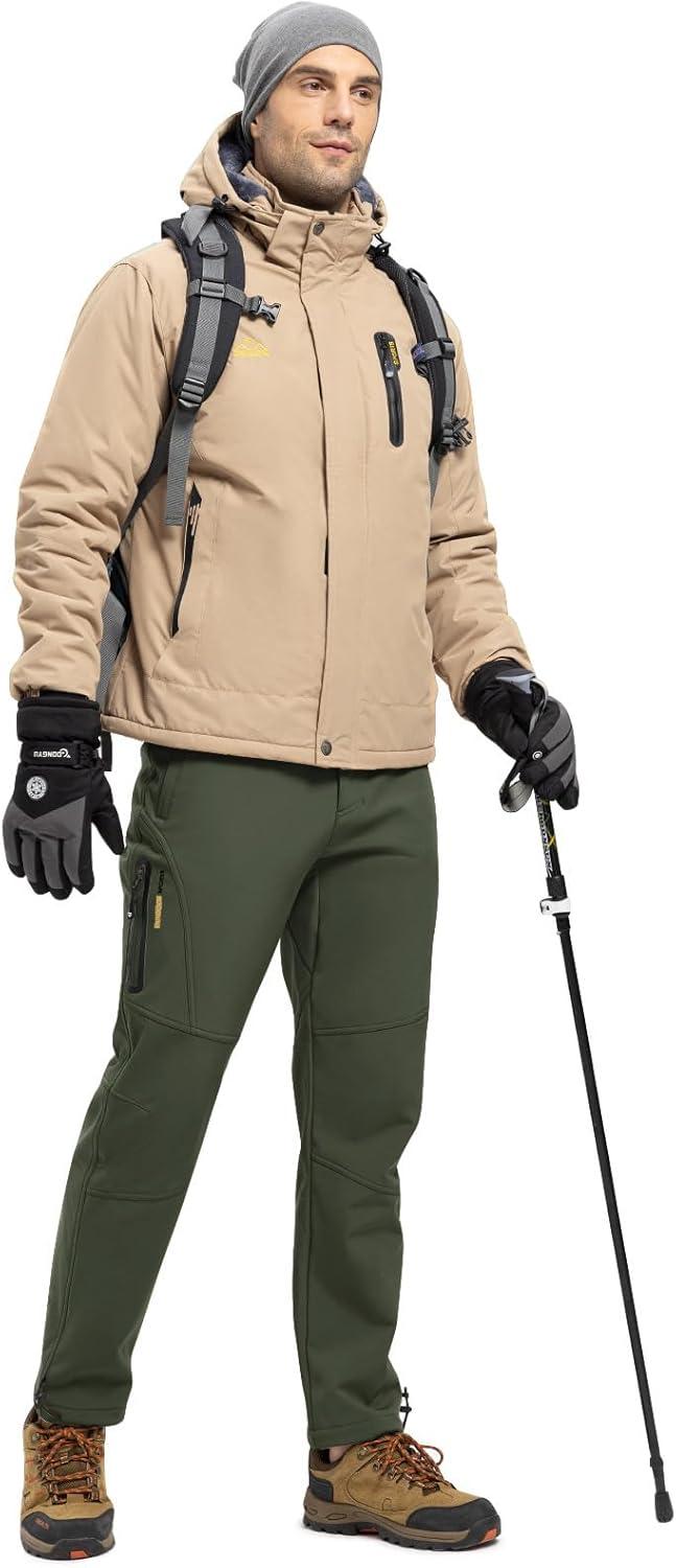 imageTBMPOY Mens Snow Pants Fleece Lined Hiking Winter Waterproof Softshell Ski Outdoor Insulated Climbing Pants Zipper PocketsArmy Green