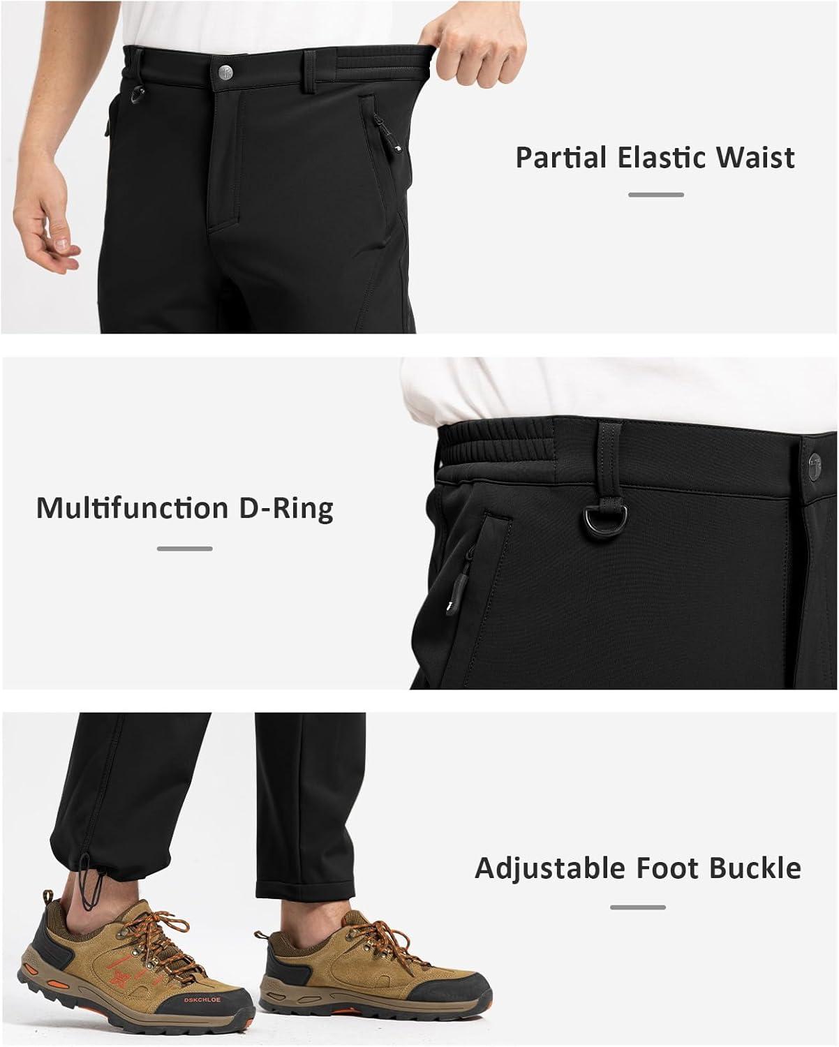 imageTBMPOY Mens Snow Pants Fleece Lined Hiking Winter Waterproof Softshell Ski Outdoor Insulated Climbing Pants Zipper PocketsBlack