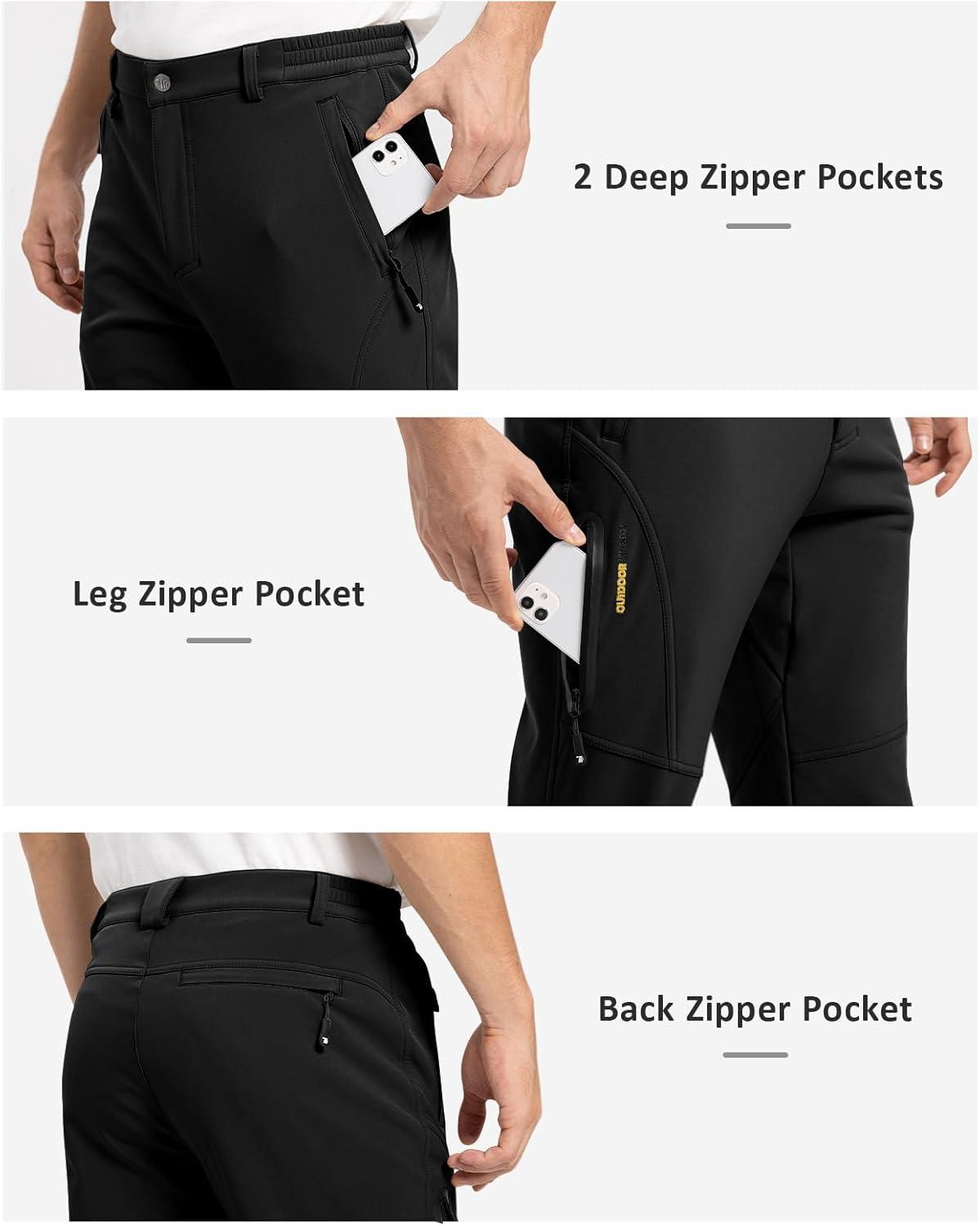 imageTBMPOY Mens Snow Pants Fleece Lined Hiking Winter Waterproof Softshell Ski Outdoor Insulated Climbing Pants Zipper PocketsBlack