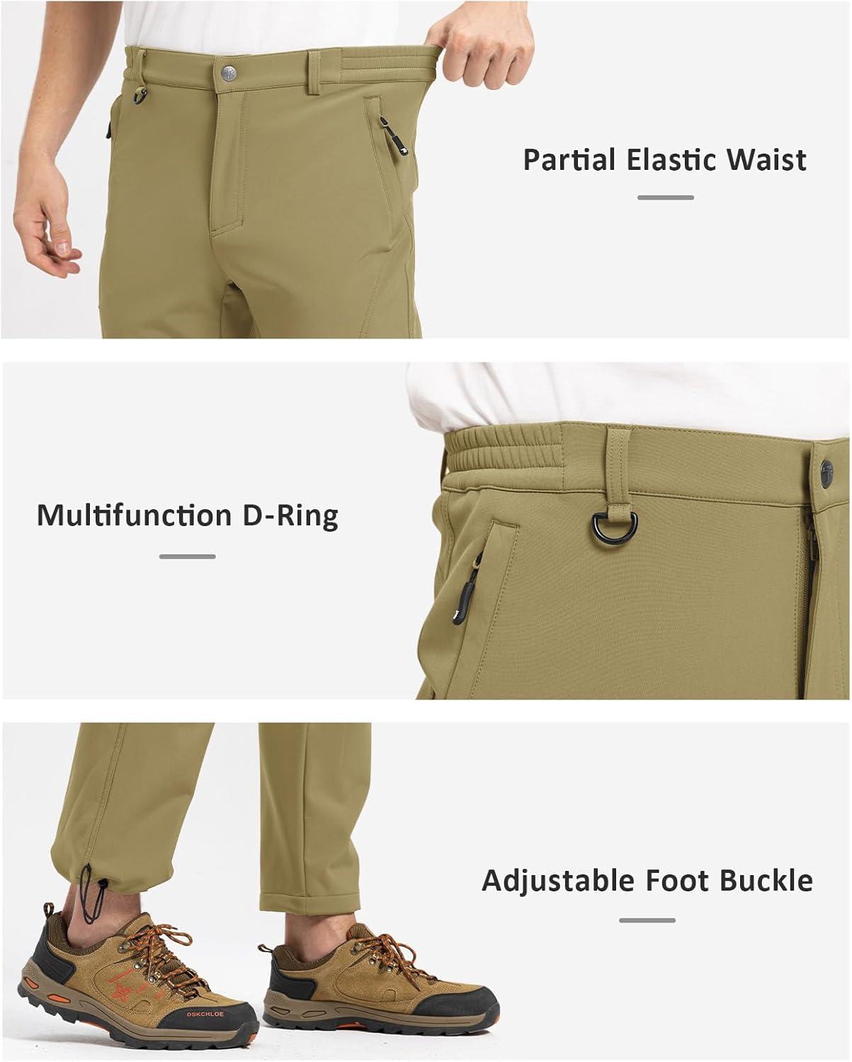 imageTBMPOY Mens Snow Pants Fleece Lined Hiking Winter Waterproof Softshell Ski Outdoor Insulated Climbing Pants Zipper PocketsKhaki