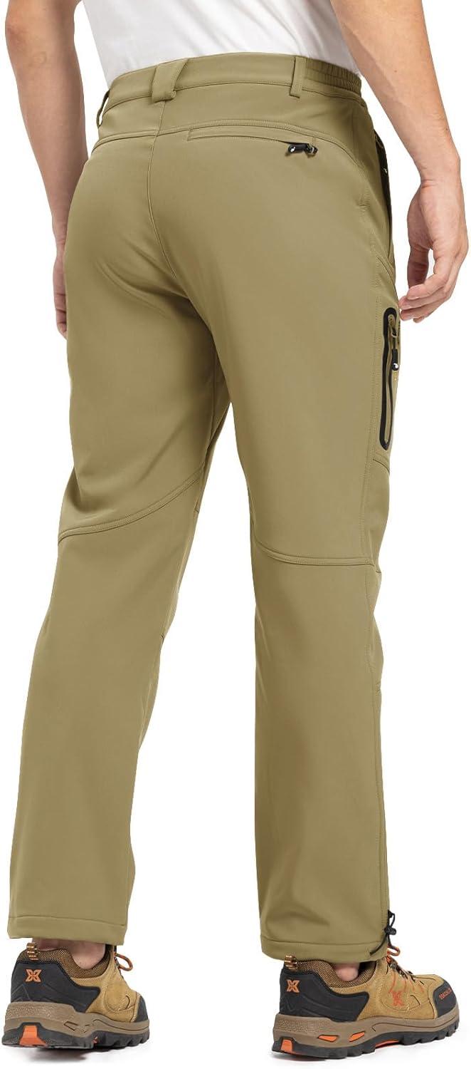 imageTBMPOY Mens Snow Pants Fleece Lined Hiking Winter Waterproof Softshell Ski Outdoor Insulated Climbing Pants Zipper PocketsKhaki