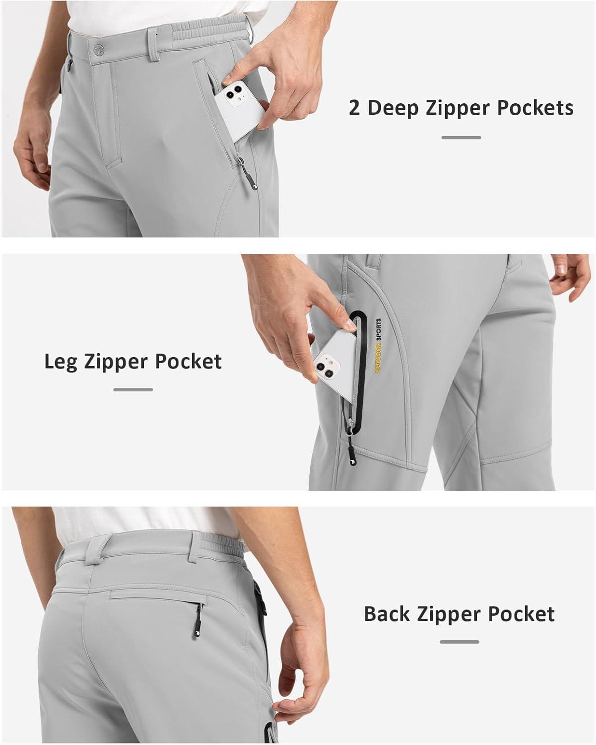 imageTBMPOY Mens Snow Pants Fleece Lined Hiking Winter Waterproof Softshell Ski Outdoor Insulated Climbing Pants Zipper PocketsLight Gray