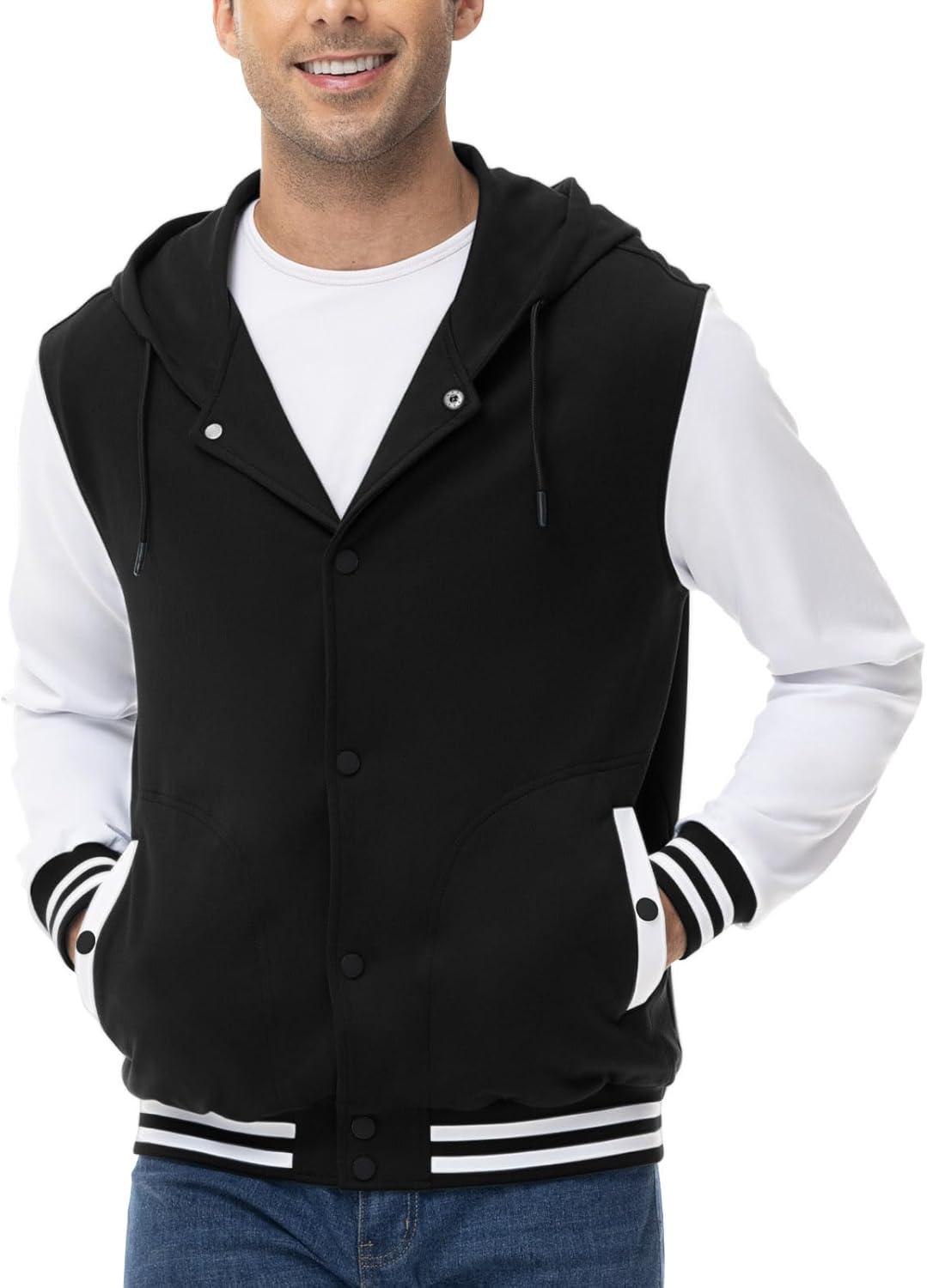 imageTBMPOY Mens Varsity Jacket Cotton Baseball Hooded Sweatshirt Letterman Lightweight Bomber Jacket Fashion Casual Sports