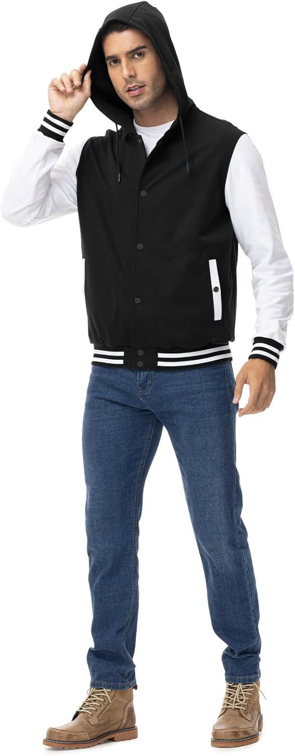 imageTBMPOY Mens Varsity Jacket Cotton Baseball Hooded Sweatshirt Letterman Lightweight Bomber Jacket Fashion Casual Sports