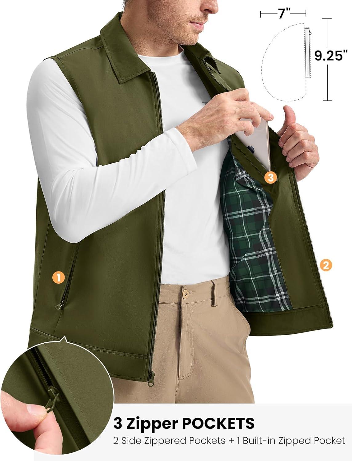 imageTBMPOY Mens Vest Casual Lightweight Thin Utility 3 Zip Pockets Stylish Sleeveless Jackets Summer Fall Golf Travel BusinessArmy Green