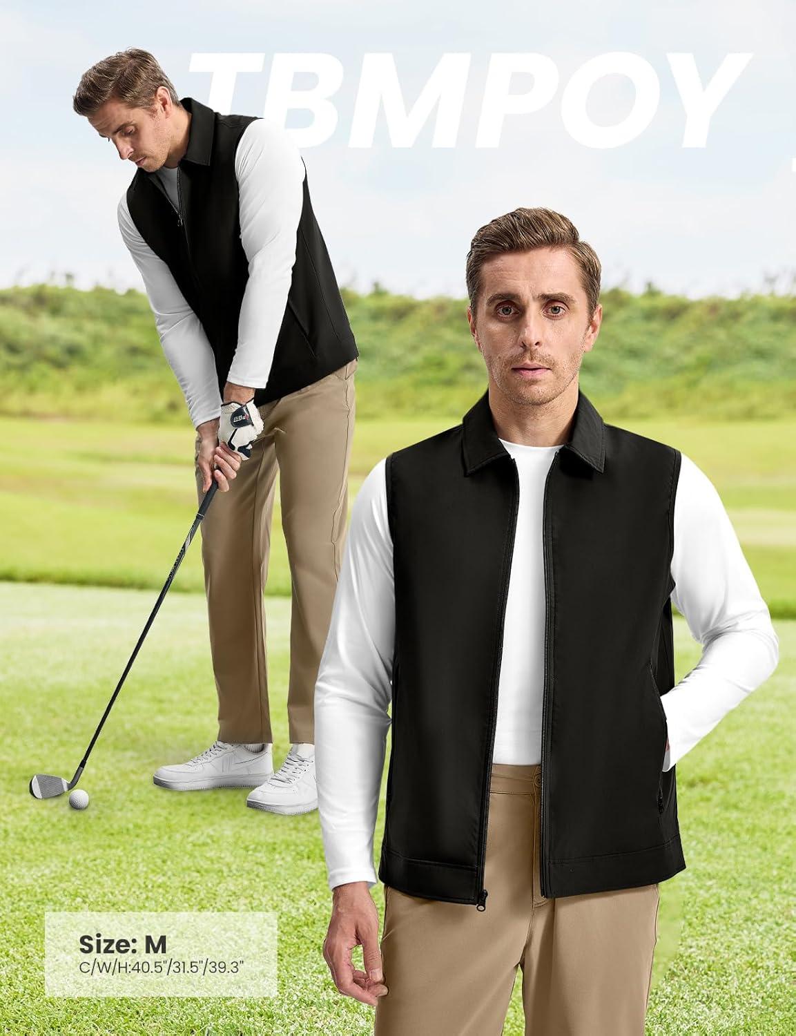 imageTBMPOY Mens Vest Casual Lightweight Thin Utility 3 Zip Pockets Stylish Sleeveless Jackets Summer Fall Golf Travel BusinessBlack