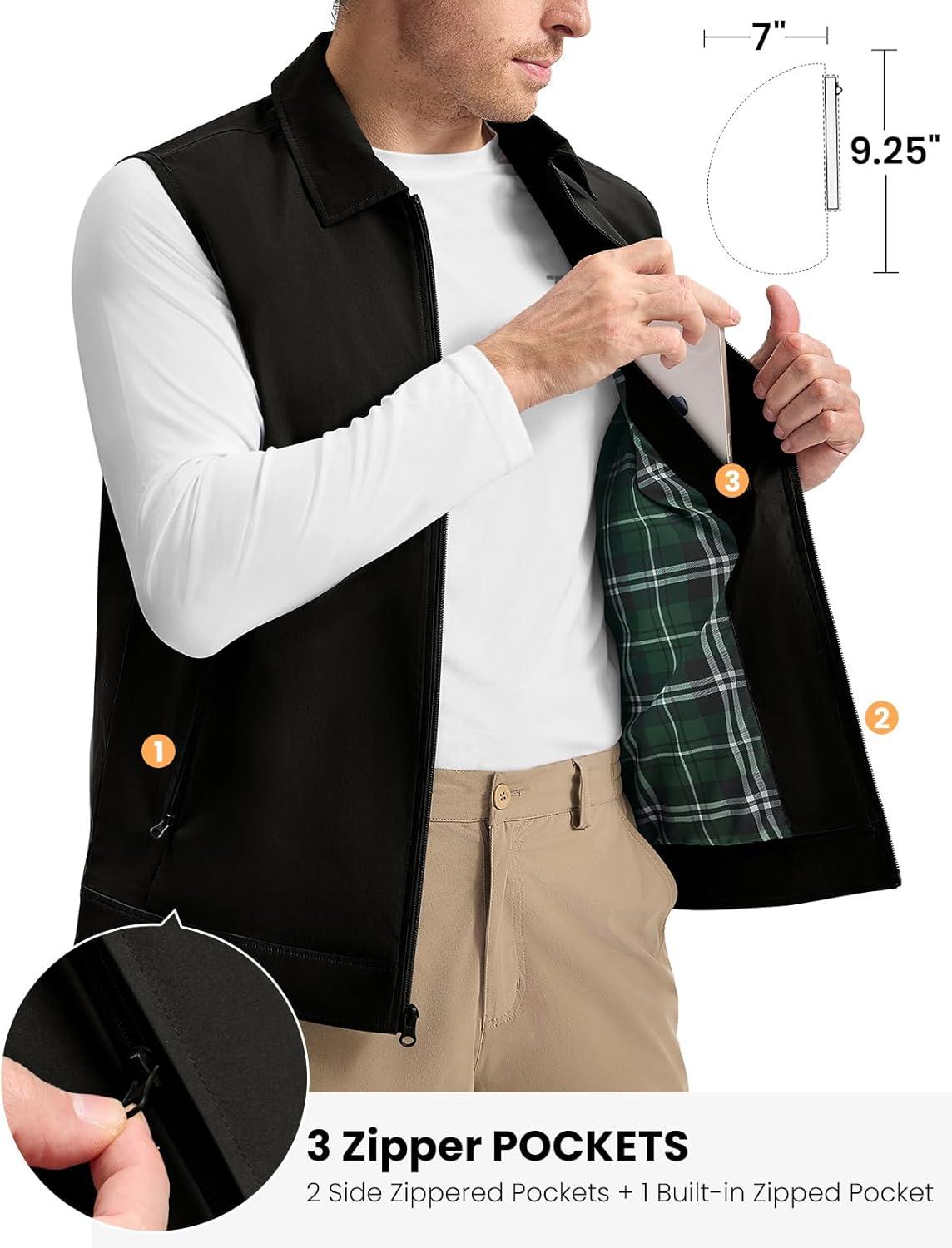 imageTBMPOY Mens Vest Casual Lightweight Thin Utility 3 Zip Pockets Stylish Sleeveless Jackets Summer Fall Golf Travel BusinessBlack