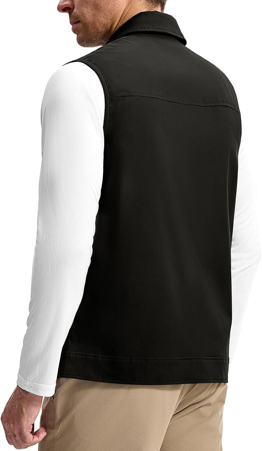 imageTBMPOY Mens Vest Casual Lightweight Thin Utility 3 Zip Pockets Stylish Sleeveless Jackets Summer Fall Golf Travel BusinessBlack