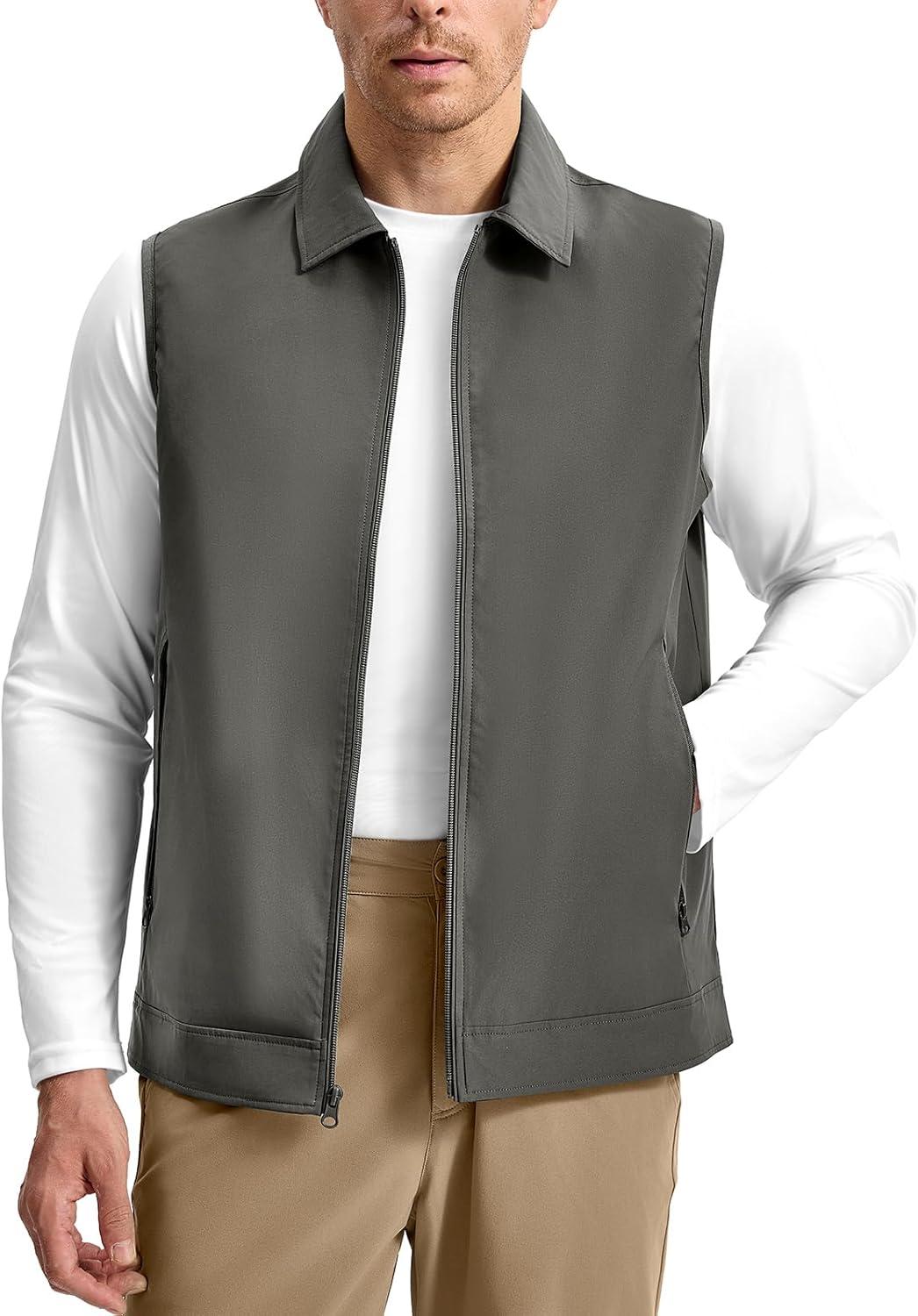 imageTBMPOY Mens Vest Casual Lightweight Thin Utility 3 Zip Pockets Stylish Sleeveless Jackets Summer Fall Golf Travel BusinessDeep Grey