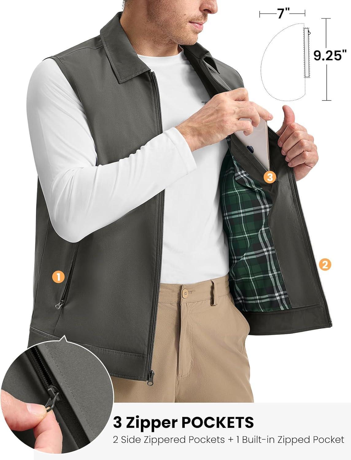 imageTBMPOY Mens Vest Casual Lightweight Thin Utility 3 Zip Pockets Stylish Sleeveless Jackets Summer Fall Golf Travel BusinessDeep Grey