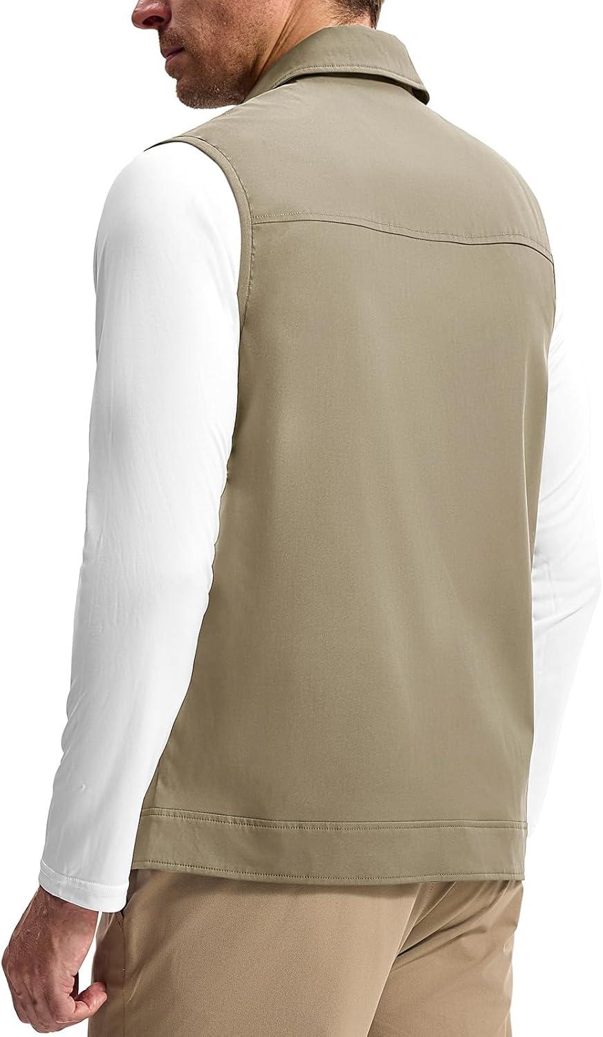 imageTBMPOY Mens Vest Casual Lightweight Thin Utility 3 Zip Pockets Stylish Sleeveless Jackets Summer Fall Golf Travel BusinessKhaki